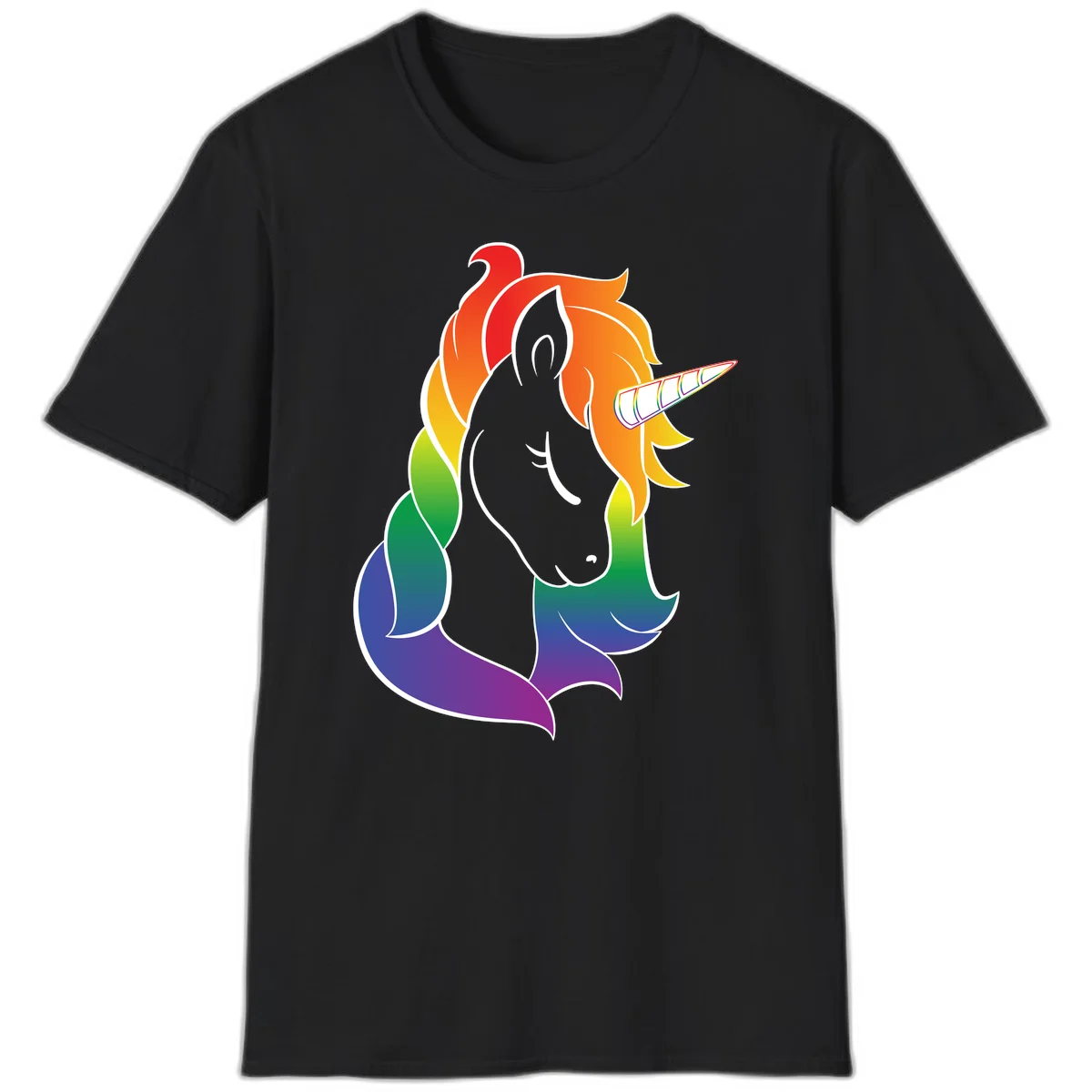 Rainbow pride unicorn illustration with gray head, multicolor mane and tail, and spiral horn in red, orange, yellow, green, blue, and purple in Black
