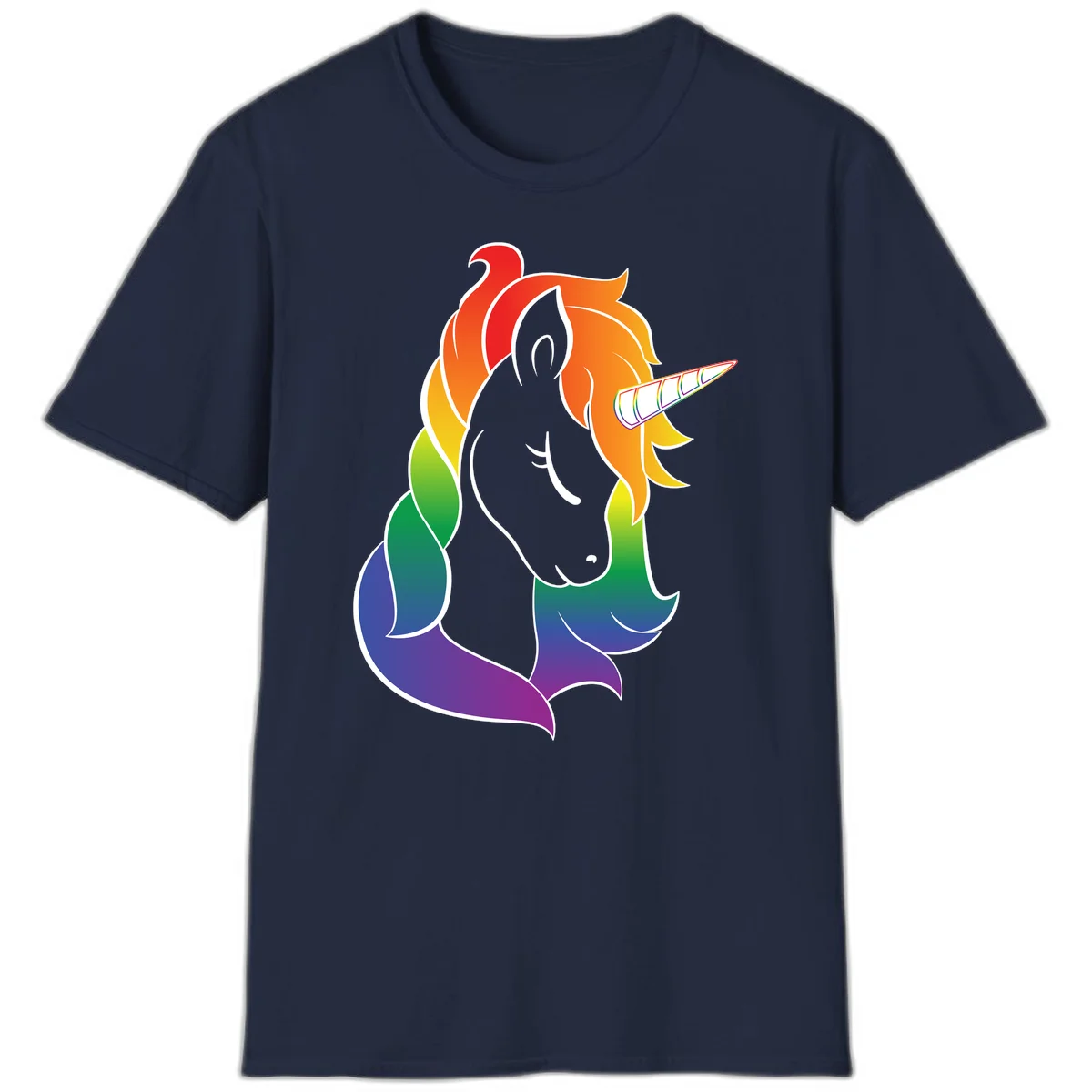Rainbow pride unicorn illustration with gray head, multicolor mane and tail, and spiral horn in red, orange, yellow, green, blue, and purple in Navy