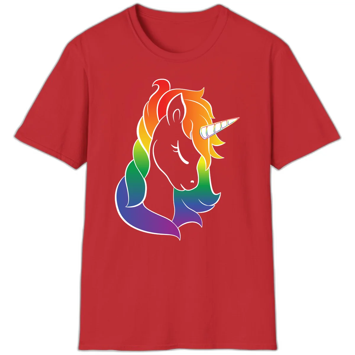 Rainbow pride unicorn illustration with gray head, multicolor mane and tail, and spiral horn in red, orange, yellow, green, blue, and purple in Red