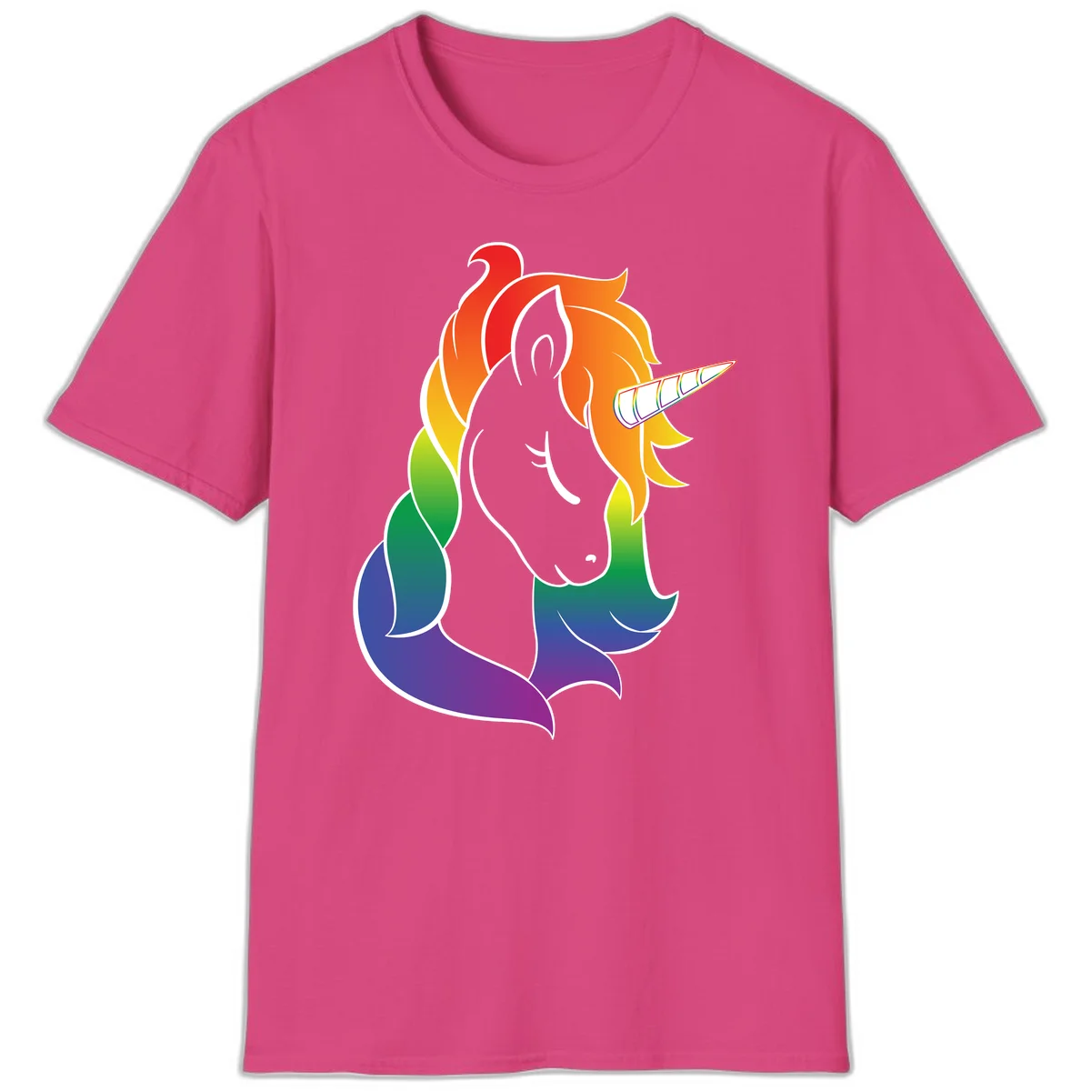 Rainbow pride unicorn illustration with gray head, multicolor mane and tail, and spiral horn in red, orange, yellow, green, blue, and purple in Heliconia