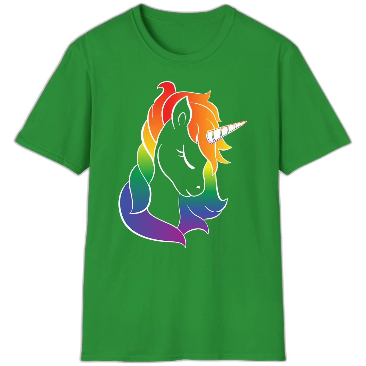 Rainbow pride unicorn illustration with gray head, multicolor mane and tail, and spiral horn in red, orange, yellow, green, blue, and purple in Irish Green