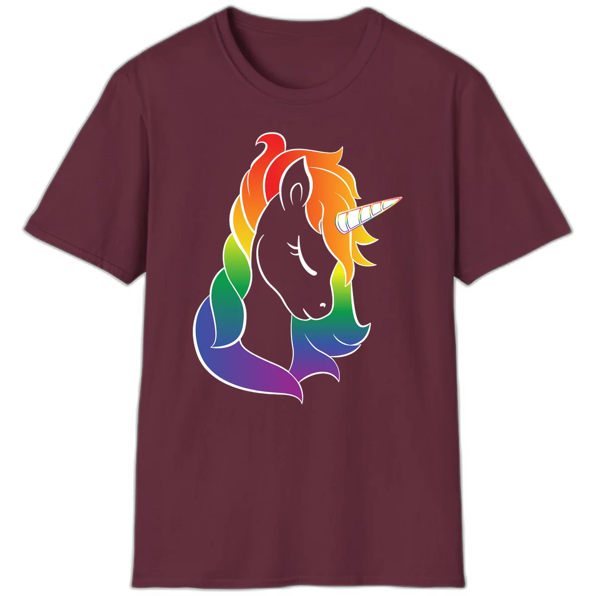 Rainbow pride unicorn illustration with gray head, multicolor mane and tail, and spiral horn in red, orange, yellow, green, blue, and purple in Maroon
