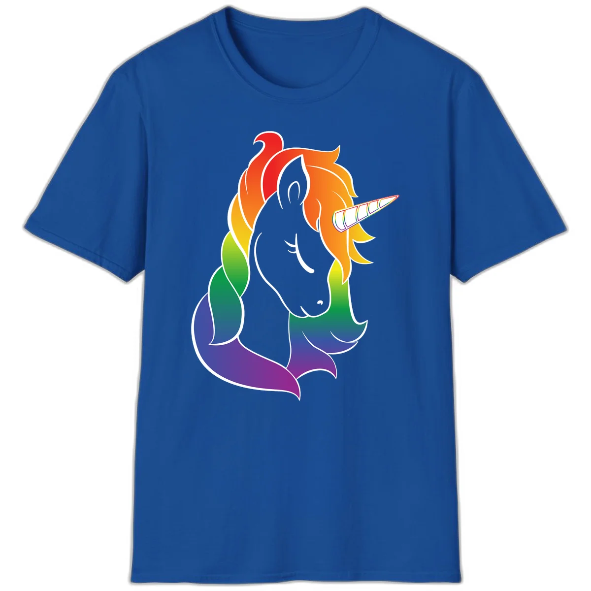 Rainbow pride unicorn illustration with gray head, multicolor mane and tail, and spiral horn in red, orange, yellow, green, blue, and purple in Royal