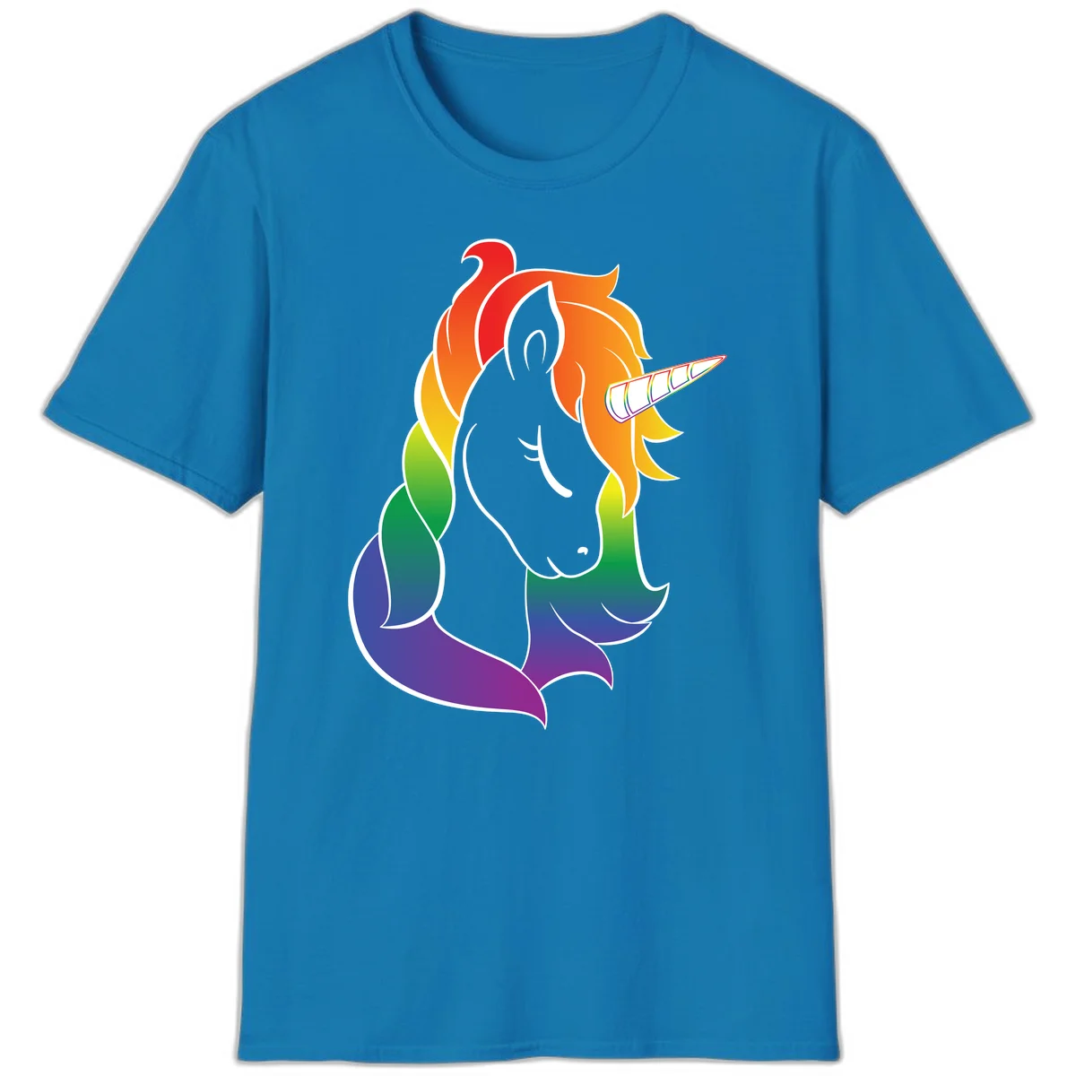 Rainbow pride unicorn illustration with gray head, multicolor mane and tail, and spiral horn in red, orange, yellow, green, blue, and purple in Sapphire