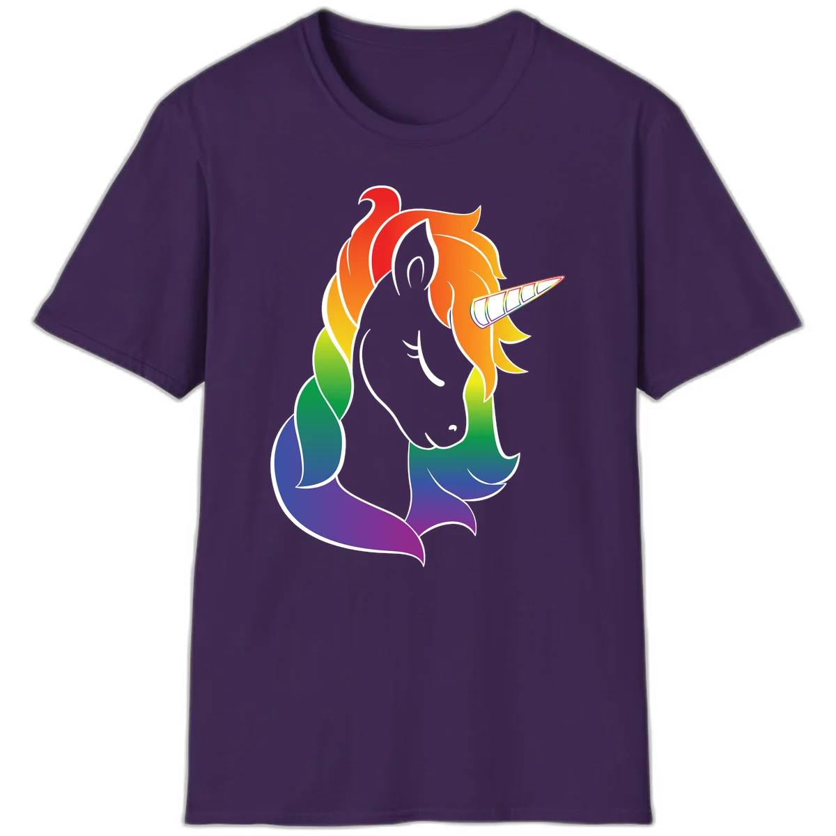 Rainbow pride unicorn illustration with gray head, multicolor mane and tail, and spiral horn in red, orange, yellow, green, blue, and purple in Purple