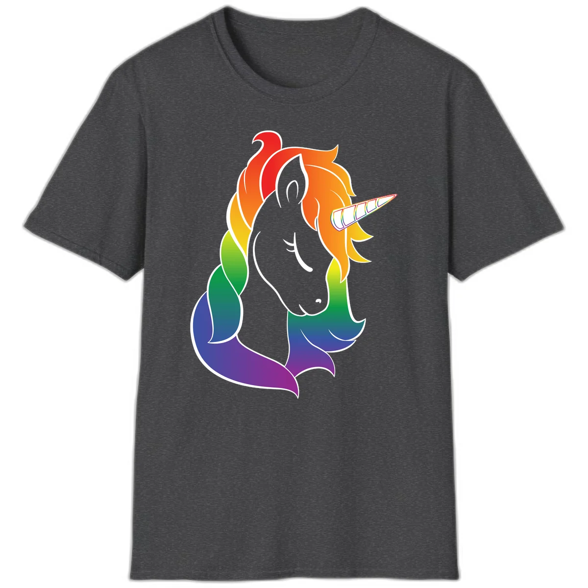 Rainbow pride unicorn illustration with gray head, multicolor mane and tail, and spiral horn in red, orange, yellow, green, blue, and purple in Dark Heather