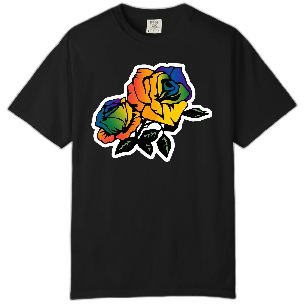 Rainbow pride rose illustration with red, orange, yellow, green, blue, and purple petals, black outline, and green leaves on white background in Black