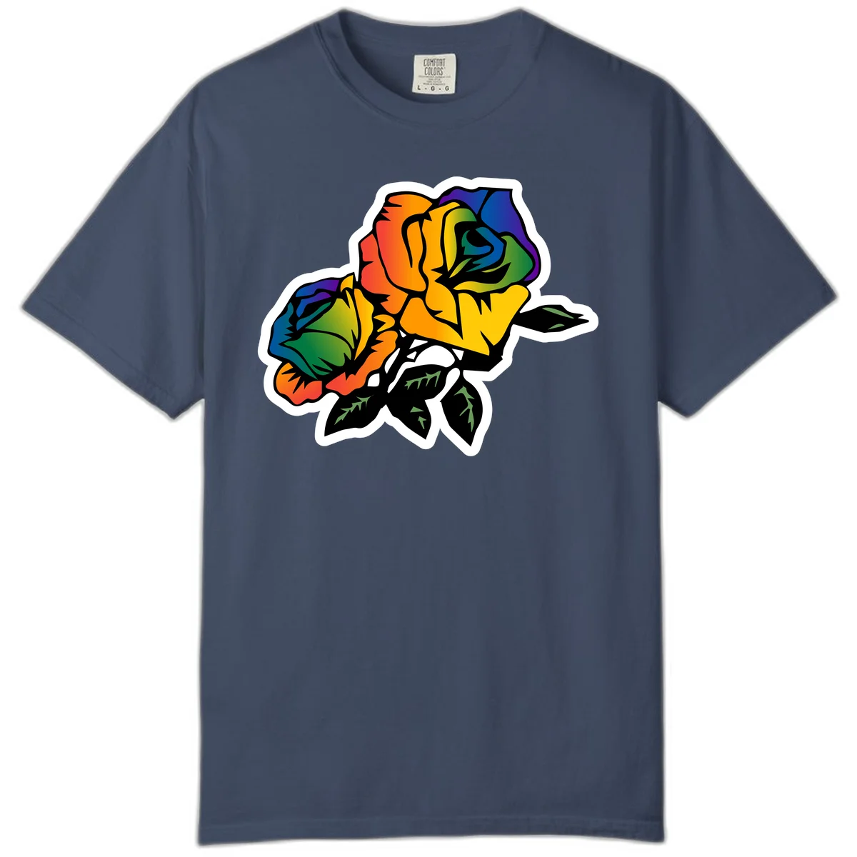 Rainbow pride rose illustration with red, orange, yellow, green, blue, and purple petals, black outline, and green leaves on white background in Midnight