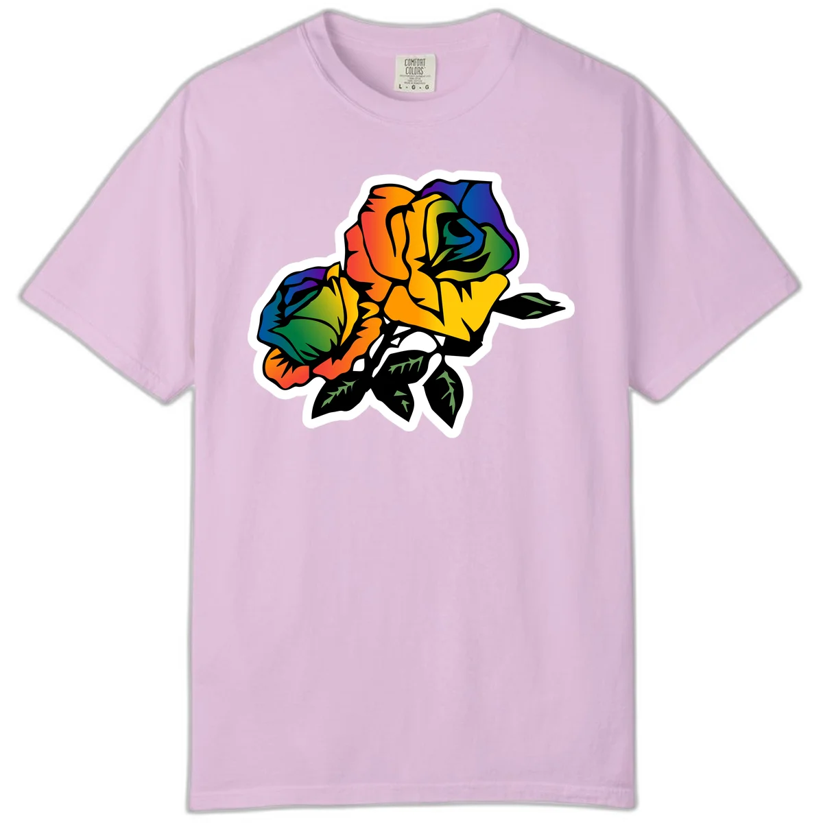Rainbow pride rose illustration with red, orange, yellow, green, blue, and purple petals, black outline, and green leaves on white background in Orchid