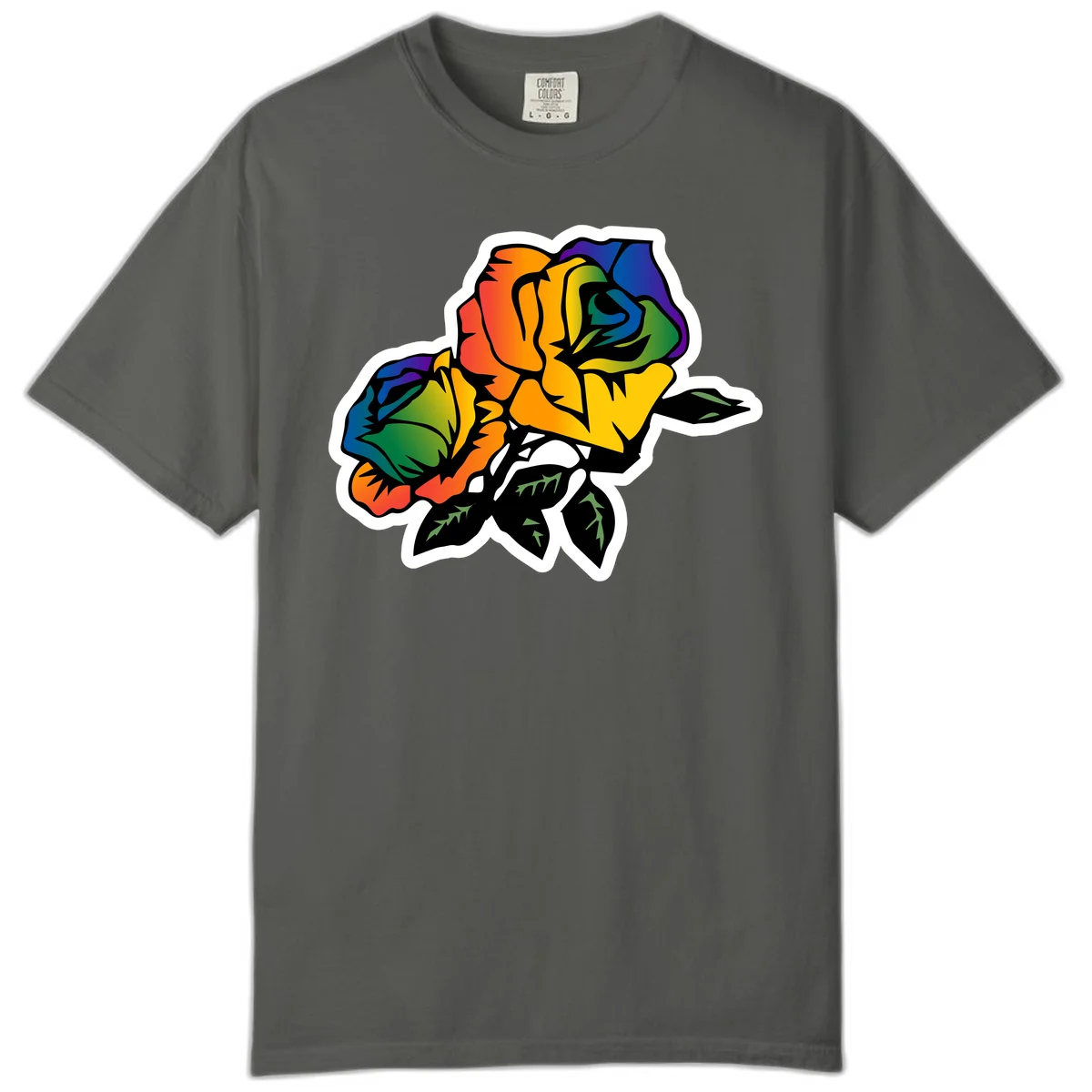 Rainbow pride rose illustration with red, orange, yellow, green, blue, and purple petals, black outline, and green leaves on white background in Pepper