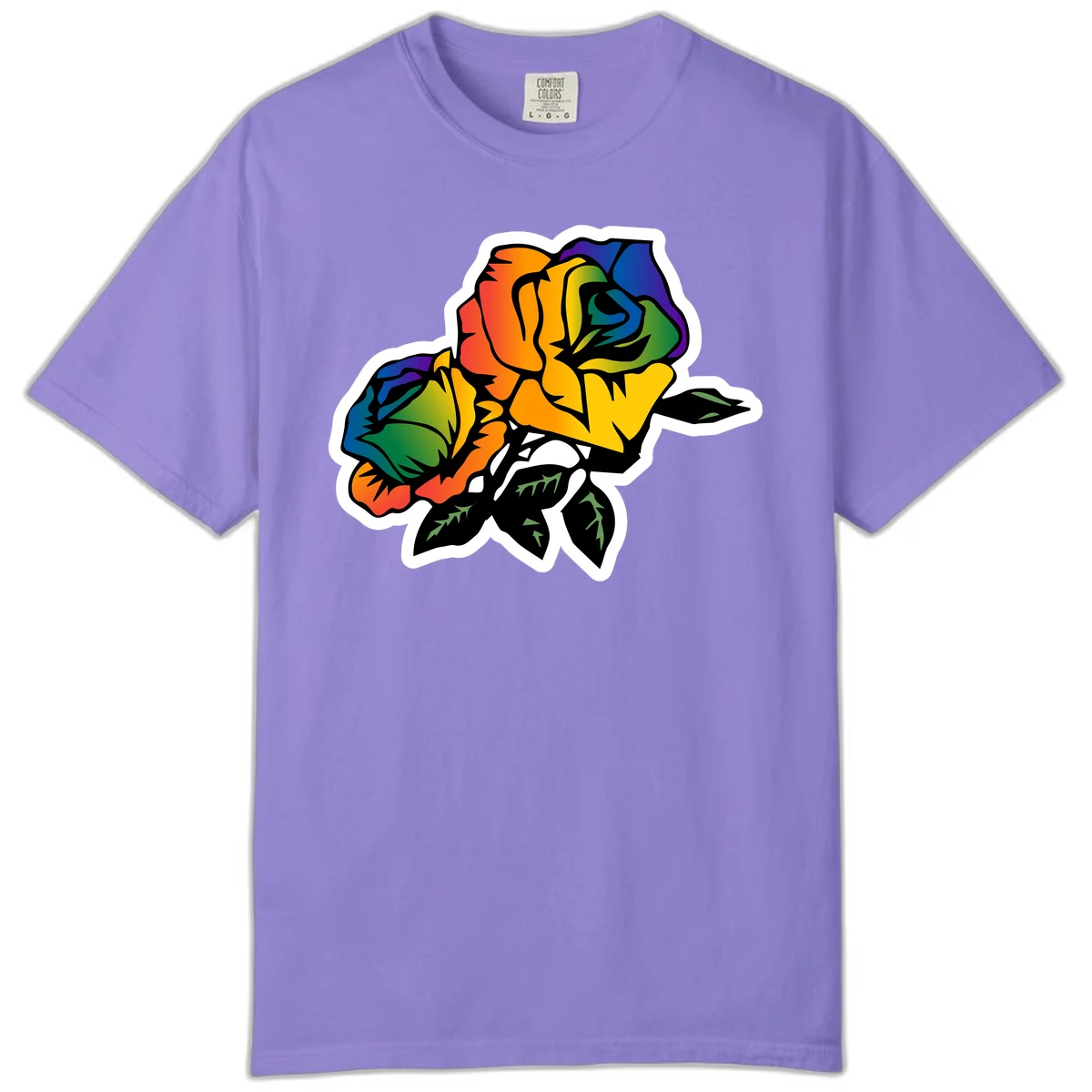 Rainbow pride rose illustration with red, orange, yellow, green, blue, and purple petals, black outline, and green leaves on white background in Violet