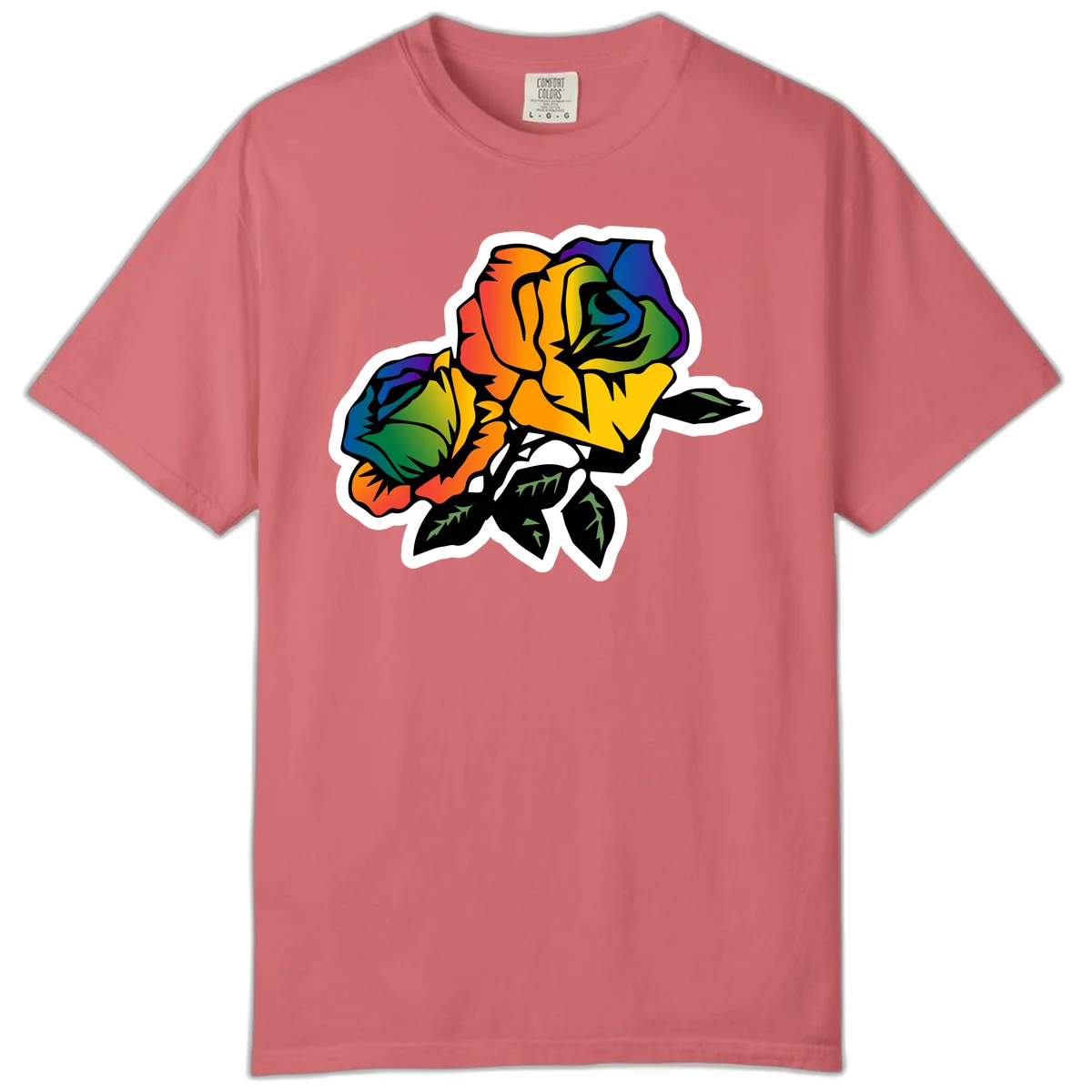 Rainbow pride rose illustration with red, orange, yellow, green, blue, and purple petals, black outline, and green leaves on white background in Watermelon