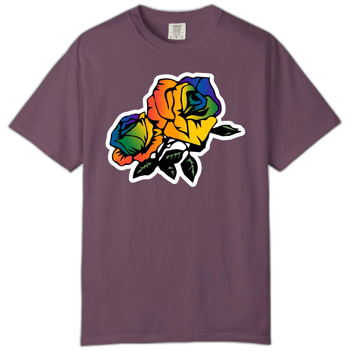 Rainbow pride rose illustration with red, orange, yellow, green, blue, and purple petals, black outline, and green leaves on white background in Berry