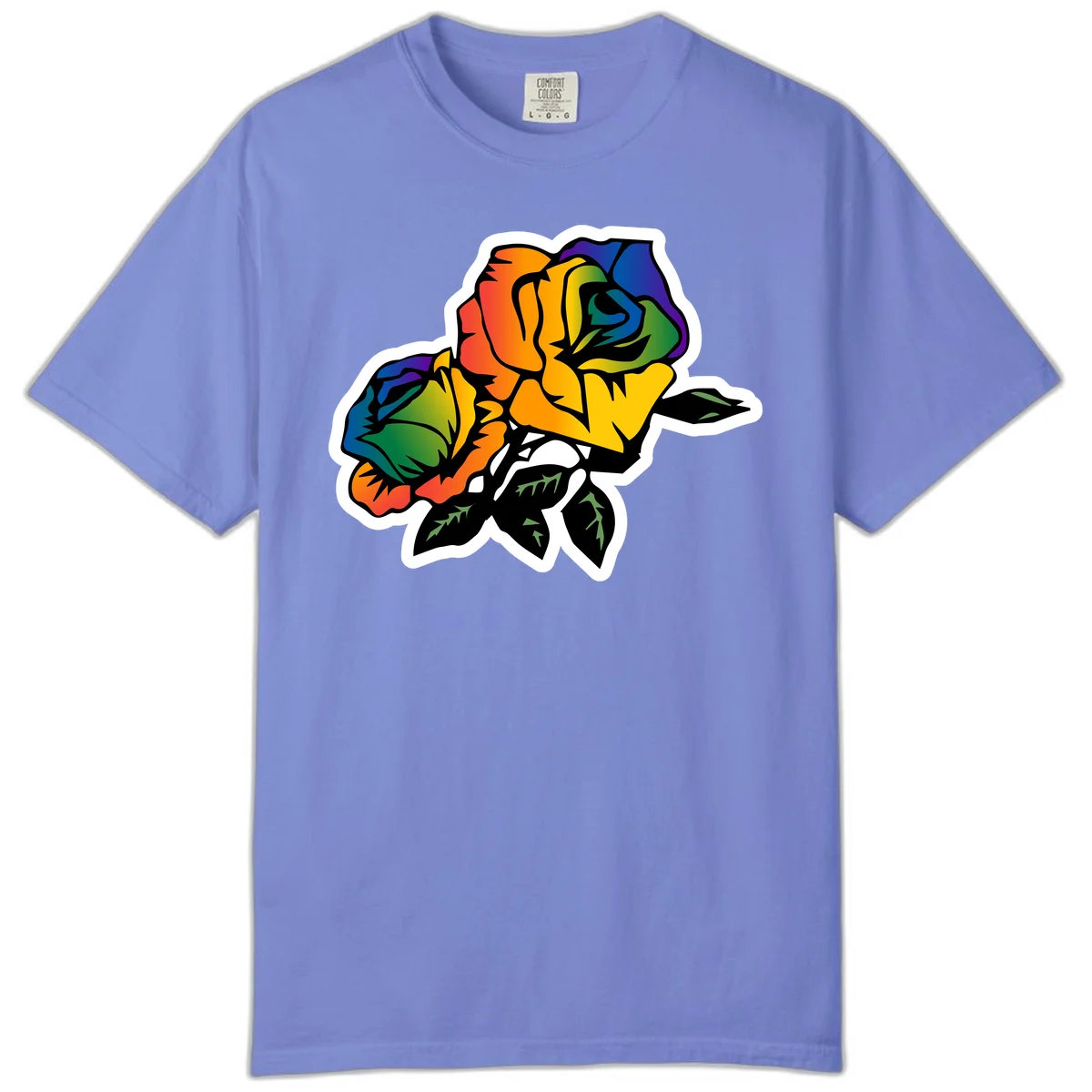 Rainbow pride rose illustration with red, orange, yellow, green, blue, and purple petals, black outline, and green leaves on white background in Flo Blue