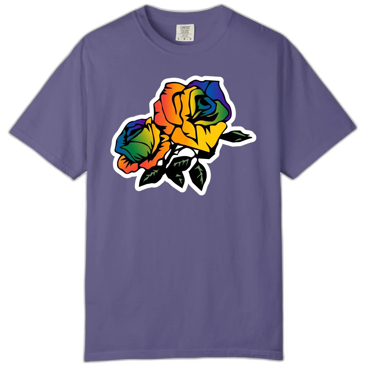 Rainbow pride rose illustration with red, orange, yellow, green, blue, and purple petals, black outline, and green leaves on white background in Grape