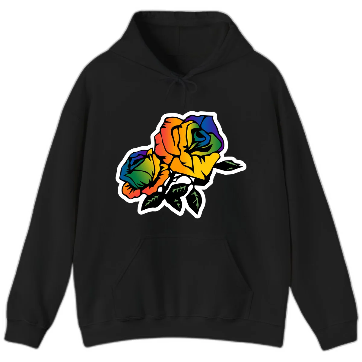 Rainbow pride rose illustration with red, orange, yellow, green, blue, and purple petals, black outline, and green leaves on white background in Black
