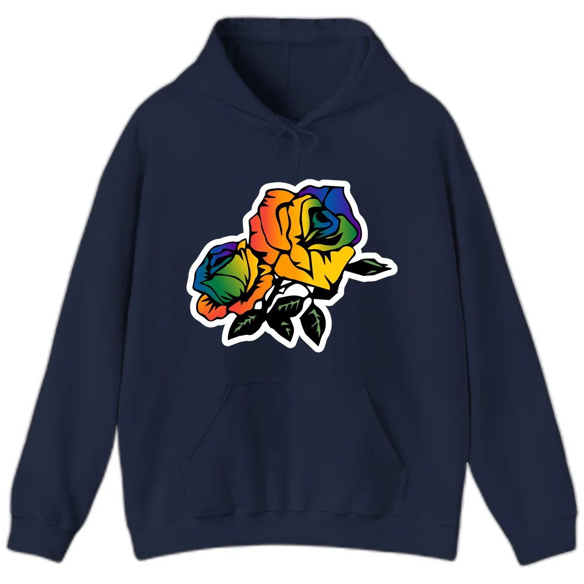 Rainbow pride rose illustration with red, orange, yellow, green, blue, and purple petals, black outline, and green leaves on white background in Navy