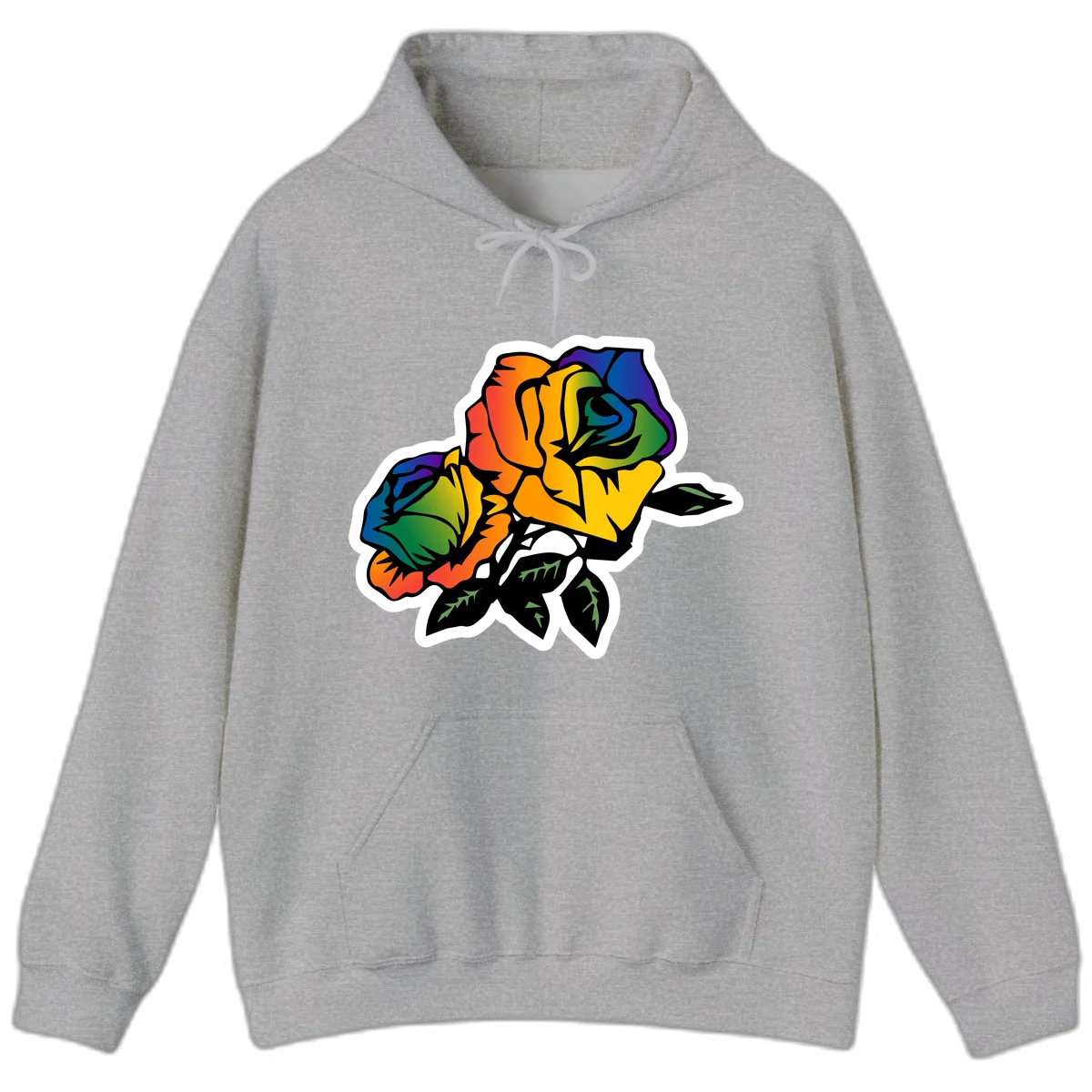 Rainbow pride rose illustration with red, orange, yellow, green, blue, and purple petals, black outline, and green leaves on white background in Sport Grey