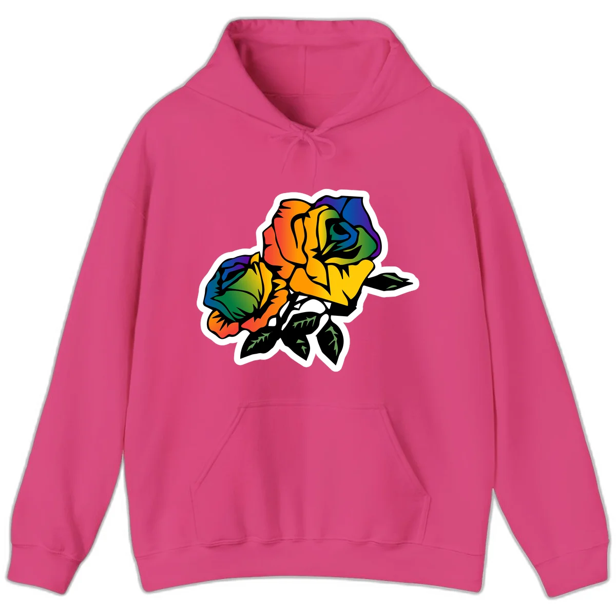 Rainbow pride rose illustration with red, orange, yellow, green, blue, and purple petals, black outline, and green leaves on white background in Heliconia