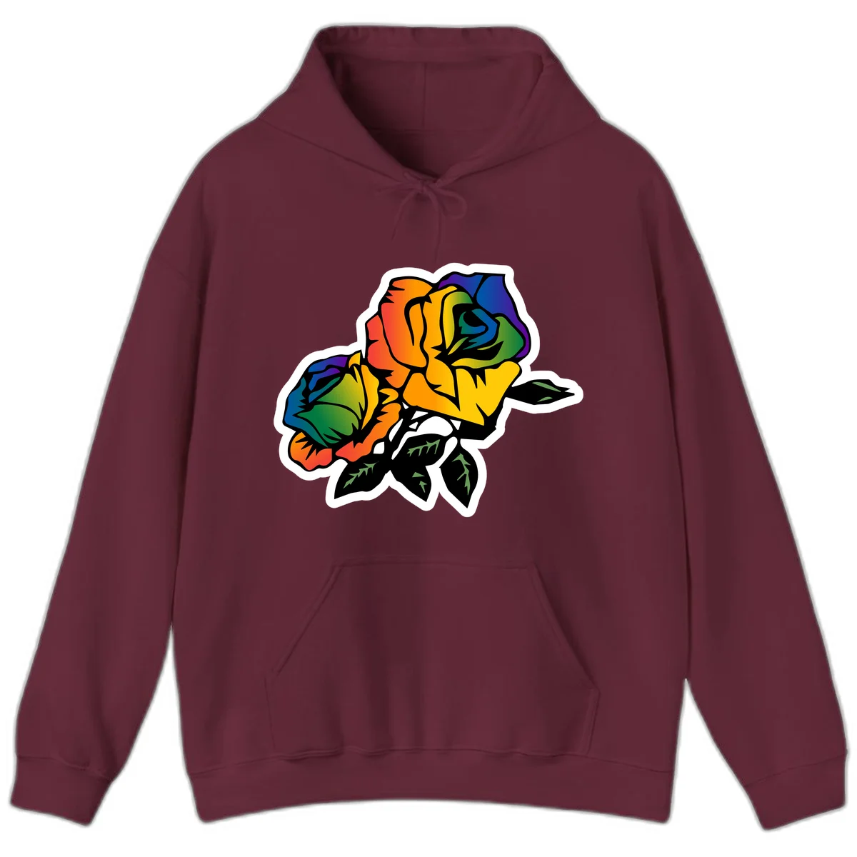Rainbow pride rose illustration with red, orange, yellow, green, blue, and purple petals, black outline, and green leaves on white background in Maroon