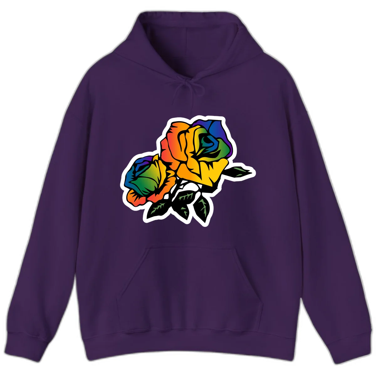 Rainbow pride rose illustration with red, orange, yellow, green, blue, and purple petals, black outline, and green leaves on white background in Purple