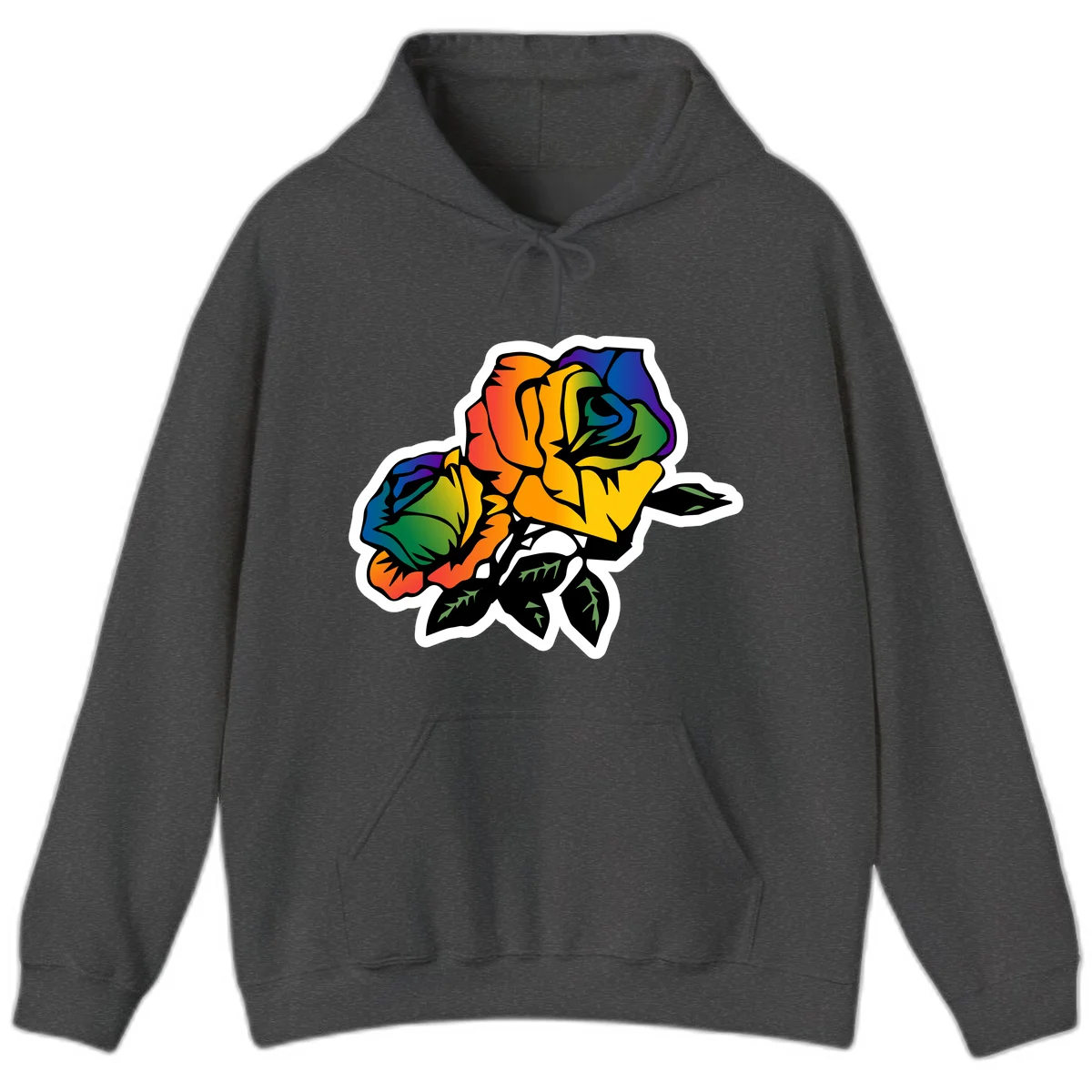 Rainbow pride rose illustration with red, orange, yellow, green, blue, and purple petals, black outline, and green leaves on white background in Dark Heather