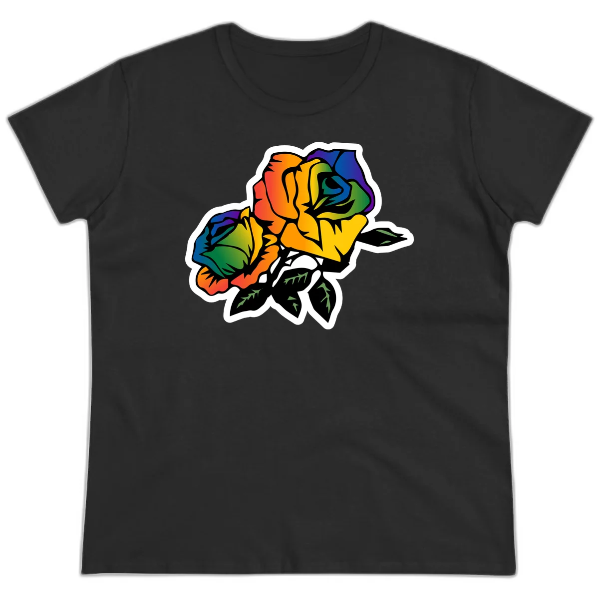Rainbow pride rose illustration with red, orange, yellow, green, blue, and purple petals, black outline, and green leaves on white background in Black