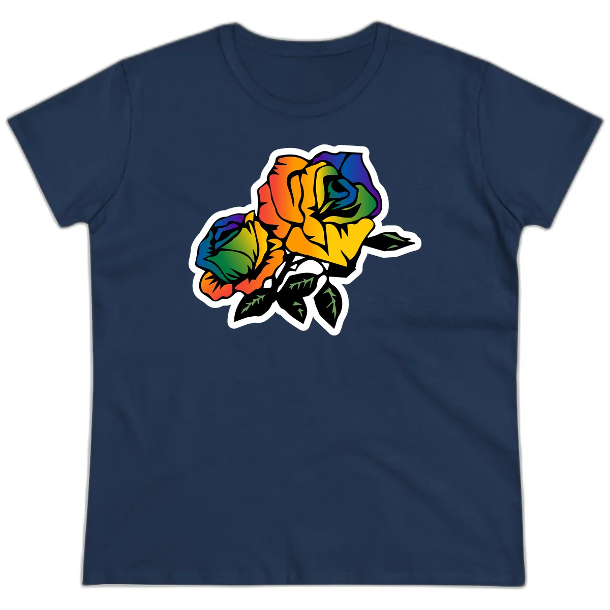 Rainbow pride rose illustration with red, orange, yellow, green, blue, and purple petals, black outline, and green leaves on white background in Navy