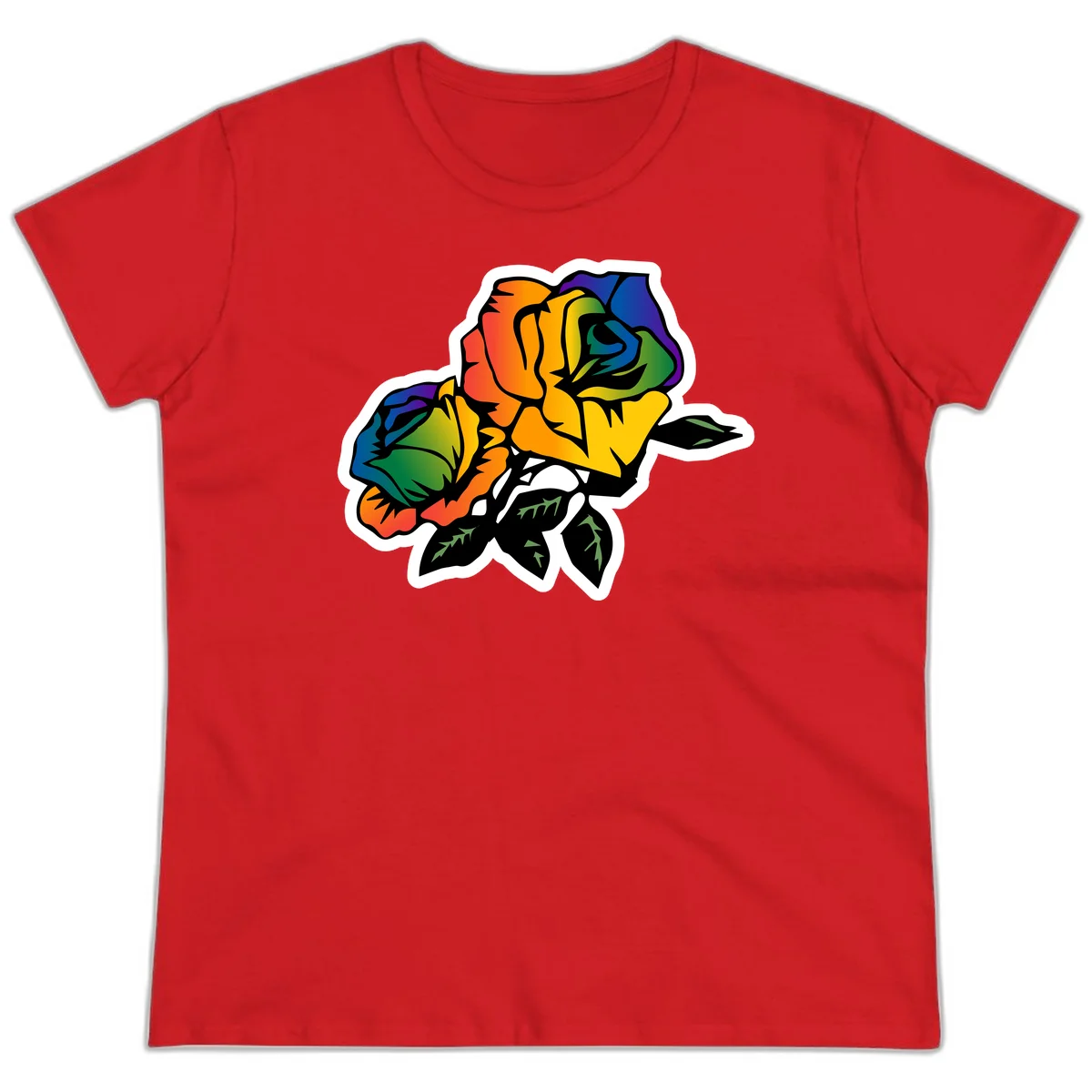 Rainbow pride rose illustration with red, orange, yellow, green, blue, and purple petals, black outline, and green leaves on white background in Red