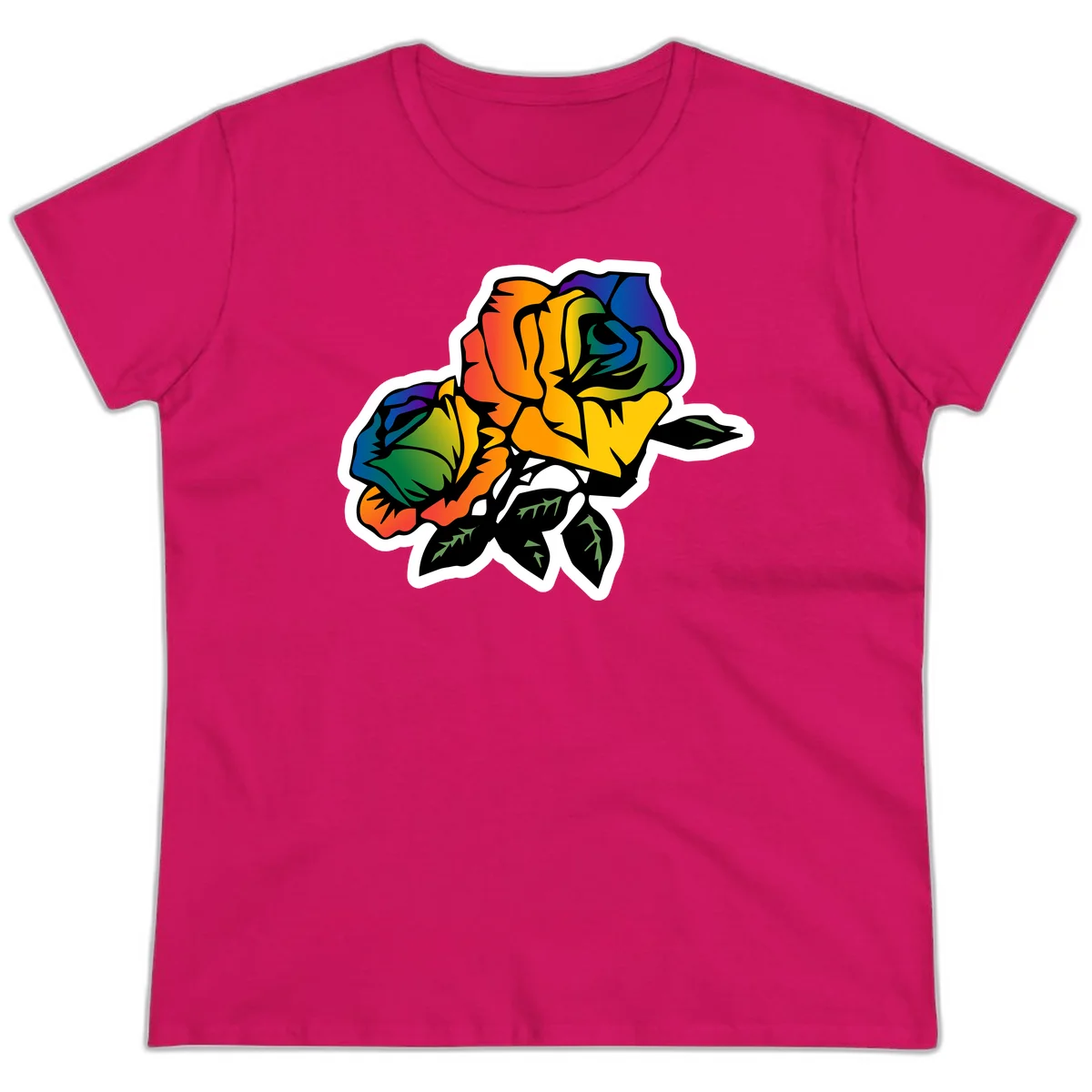 Rainbow pride rose illustration with red, orange, yellow, green, blue, and purple petals, black outline, and green leaves on white background in Heliconia