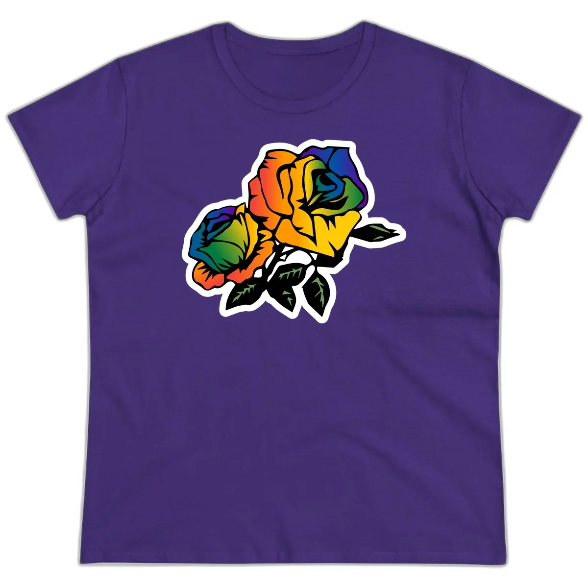 Rainbow pride rose illustration with red, orange, yellow, green, blue, and purple petals, black outline, and green leaves on white background in Purple