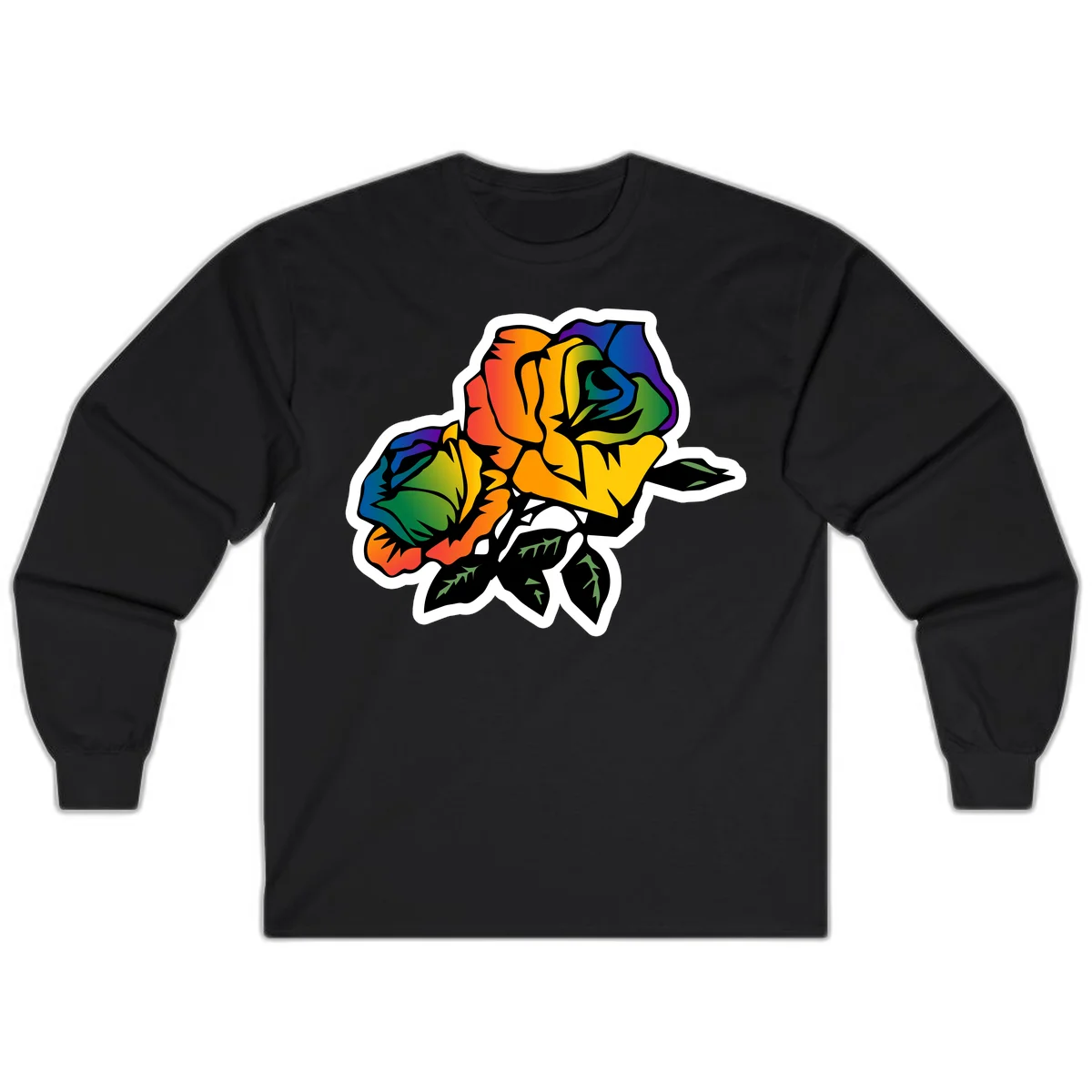 Rainbow pride rose illustration with red, orange, yellow, green, blue, and purple petals, black outline, and green leaves on white background in Black