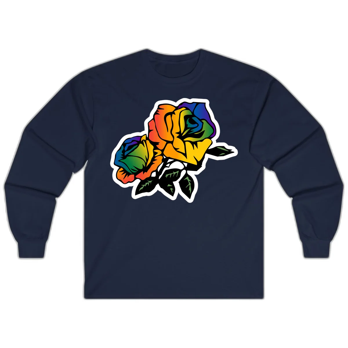 Rainbow pride rose illustration with red, orange, yellow, green, blue, and purple petals, black outline, and green leaves on white background in Navy