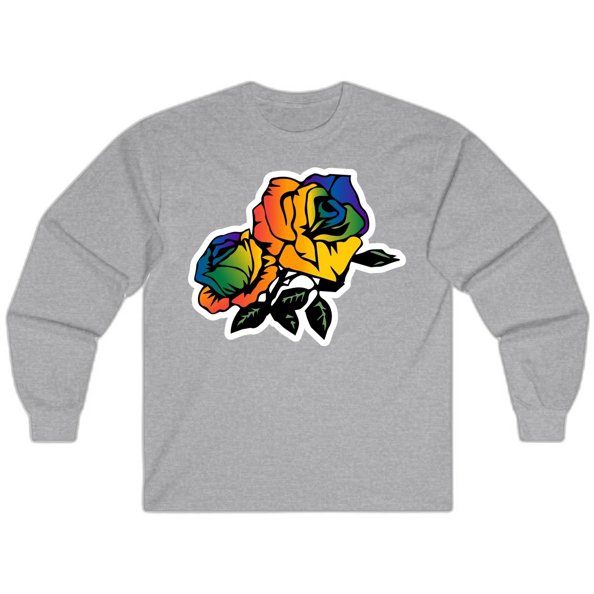 Rainbow pride rose illustration with red, orange, yellow, green, blue, and purple petals, black outline, and green leaves on white background in Sport Grey