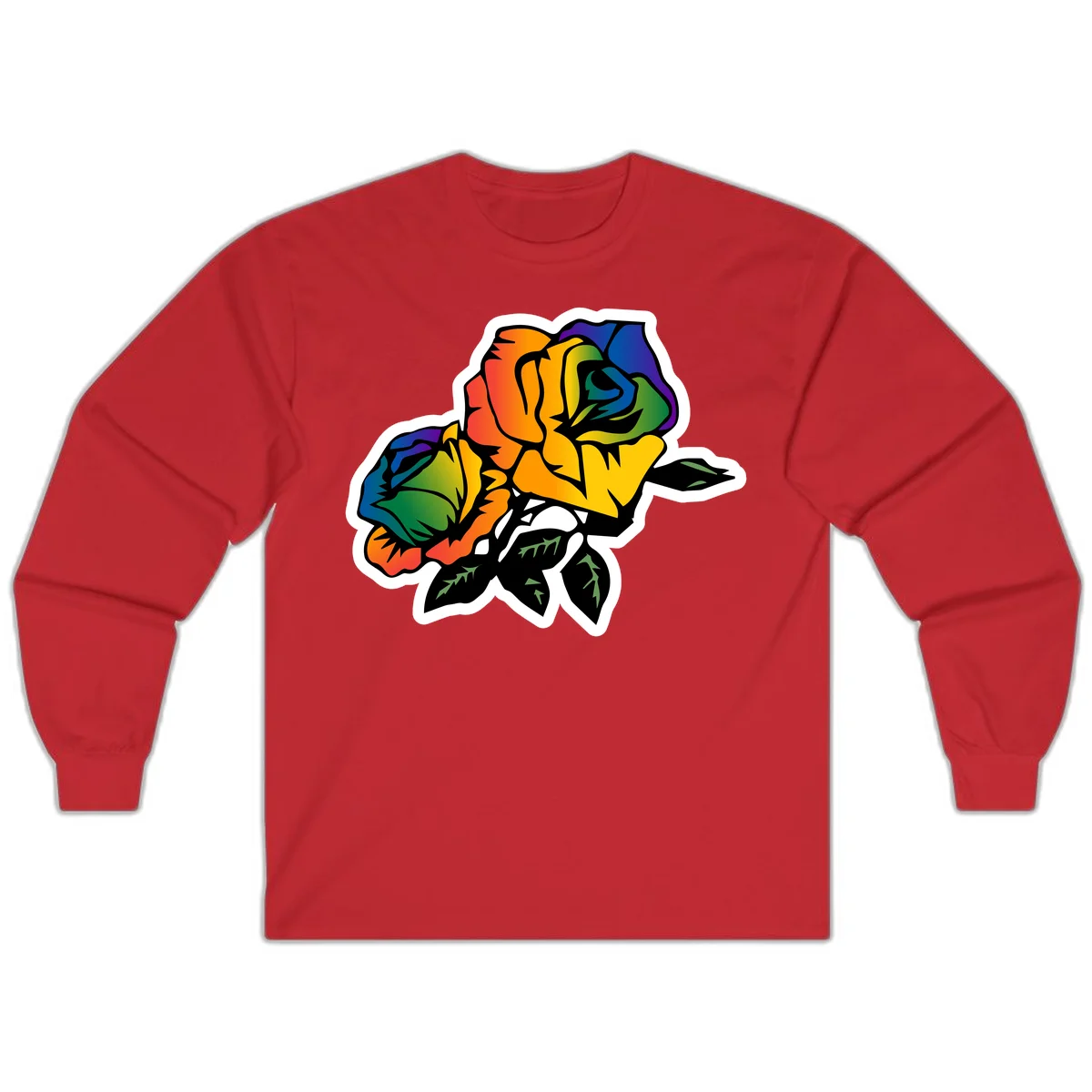 Rainbow pride rose illustration with red, orange, yellow, green, blue, and purple petals, black outline, and green leaves on white background in Red