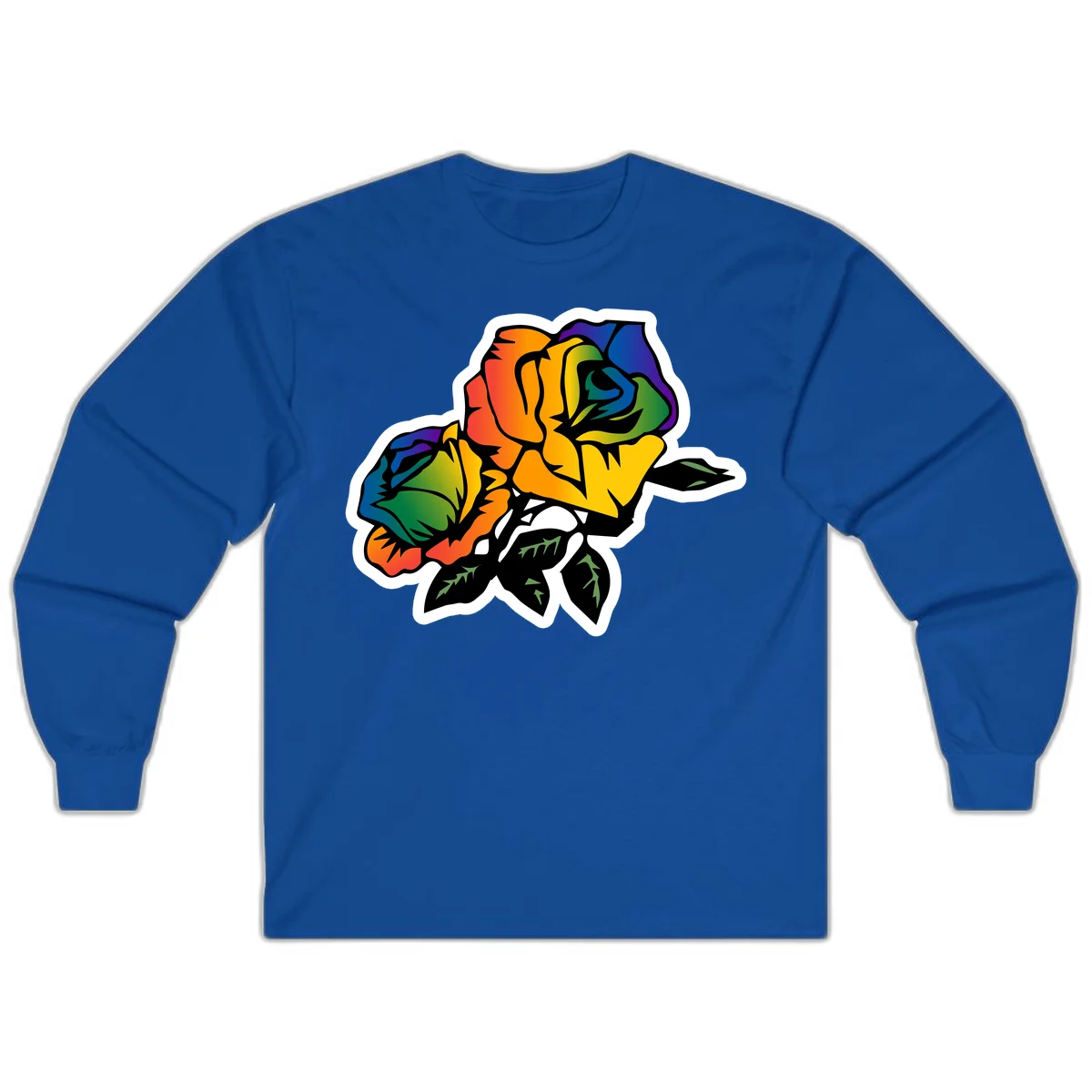 Rainbow pride rose illustration with red, orange, yellow, green, blue, and purple petals, black outline, and green leaves on white background in Royal