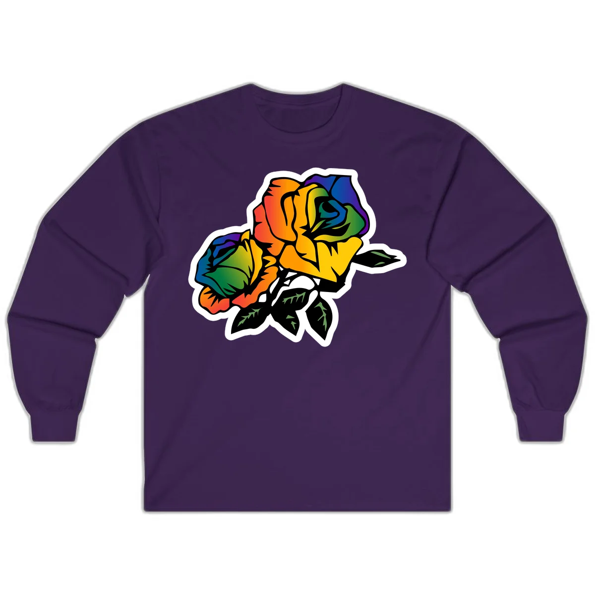 Rainbow pride rose illustration with red, orange, yellow, green, blue, and purple petals, black outline, and green leaves on white background in Purple