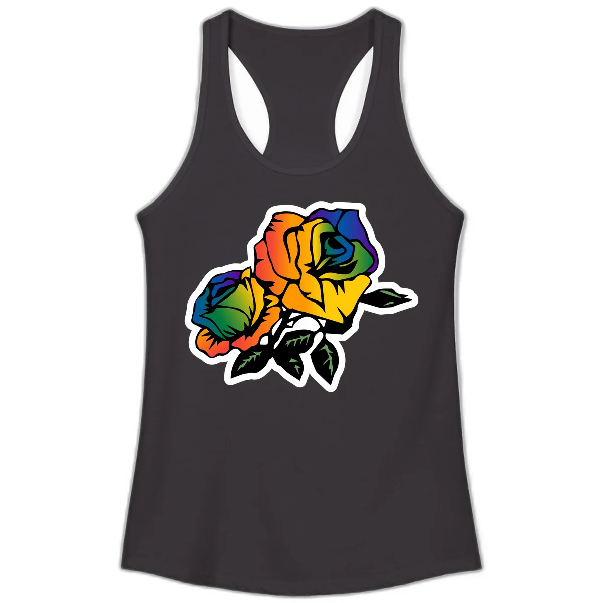 Rainbow pride rose illustration with red, orange, yellow, green, blue, and purple petals, black outline, and green leaves on white background in Black