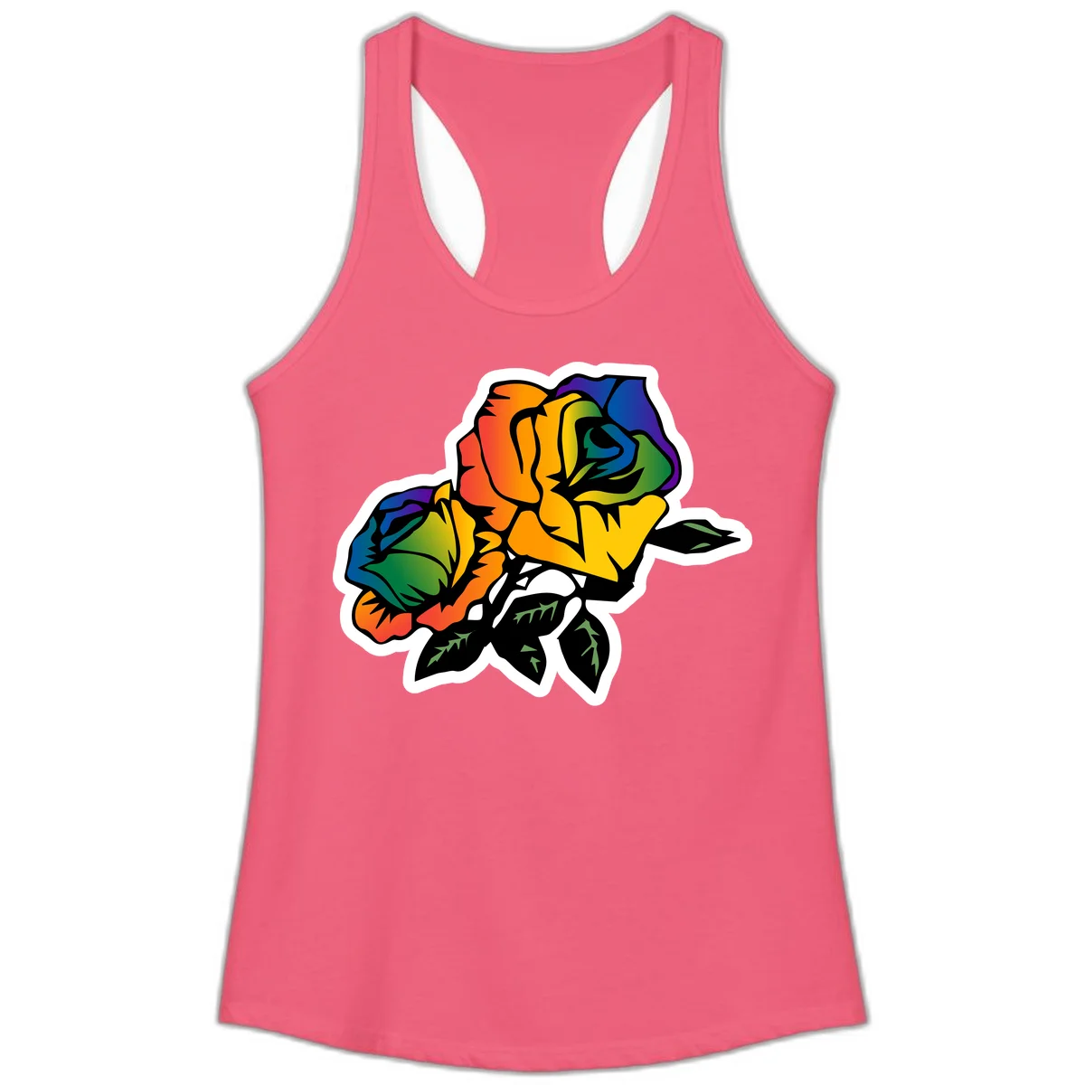 Rainbow pride rose illustration with red, orange, yellow, green, blue, and purple petals, black outline, and green leaves on white background in Hot Pink