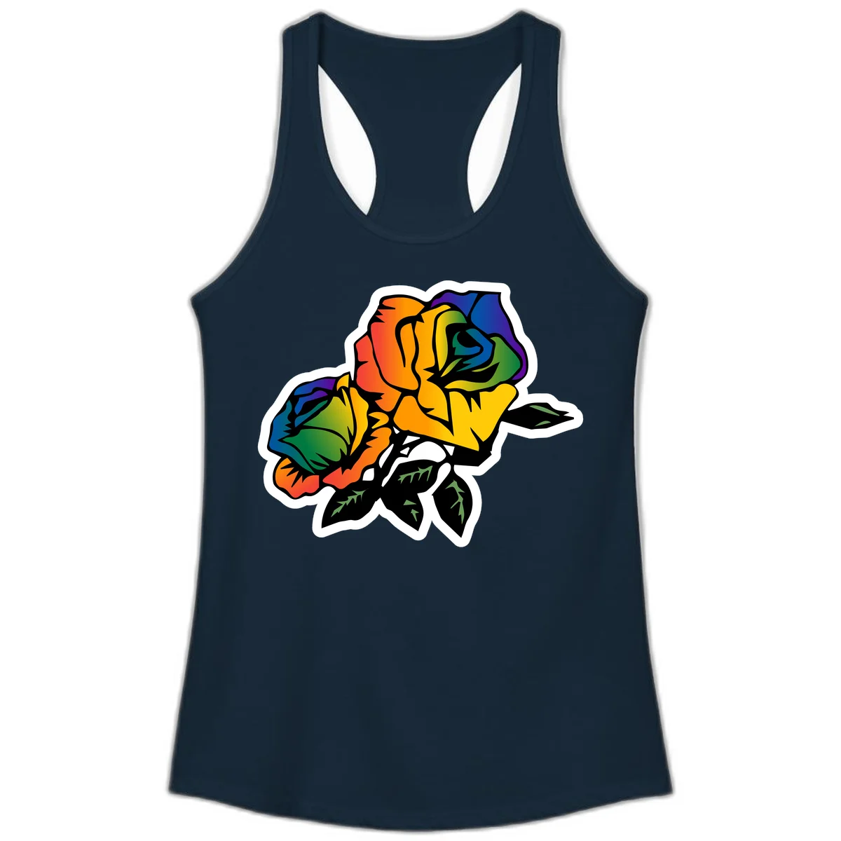 Rainbow pride rose illustration with red, orange, yellow, green, blue, and purple petals, black outline, and green leaves on white background in Solid Midnight Navy