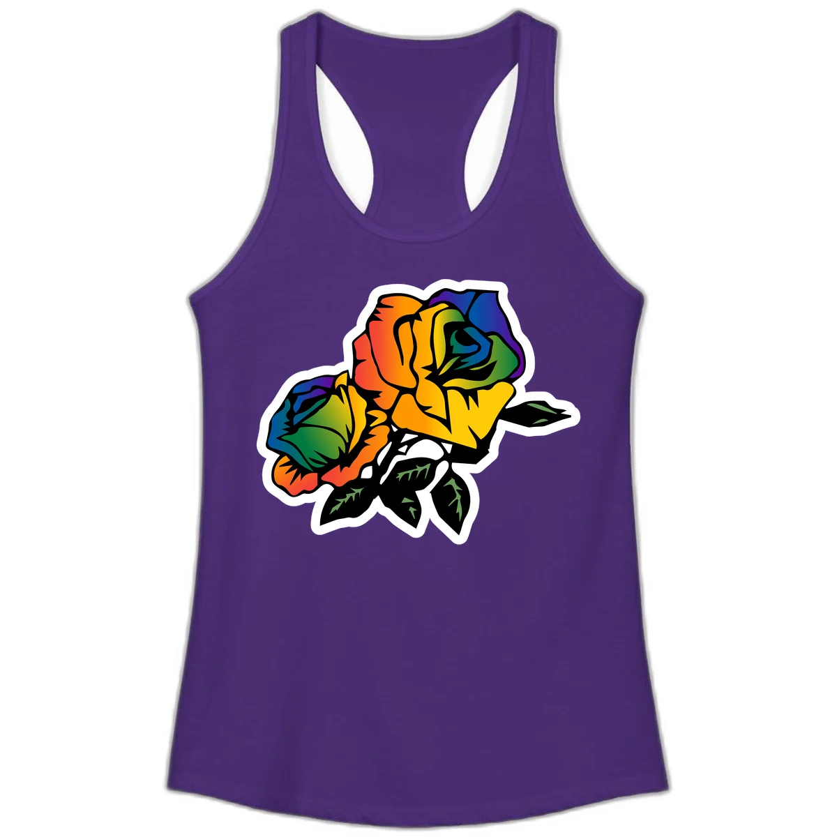 Rainbow pride rose illustration with red, orange, yellow, green, blue, and purple petals, black outline, and green leaves on white background in Solid Purple Rush
