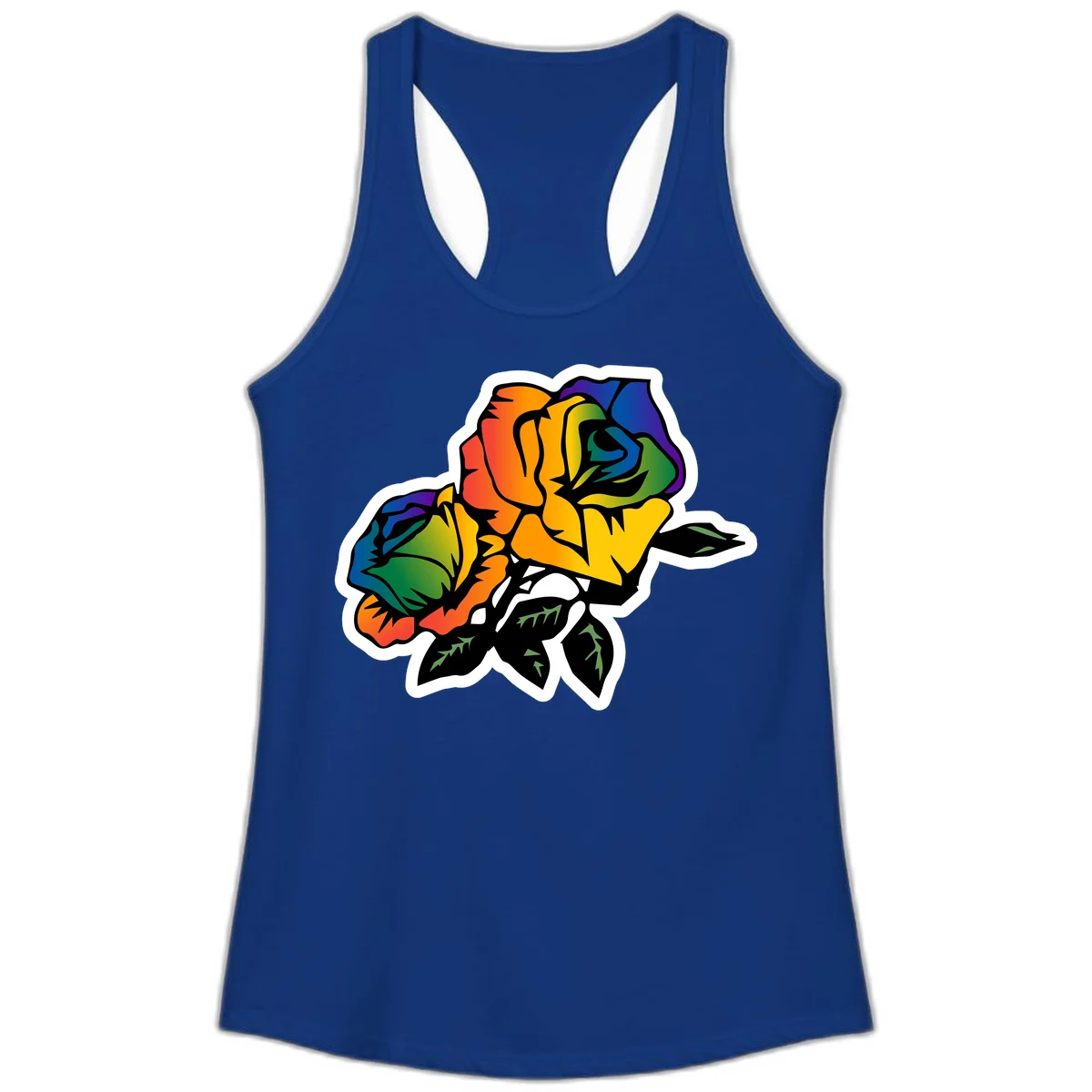 Rainbow pride rose illustration with red, orange, yellow, green, blue, and purple petals, black outline, and green leaves on white background in Solid Royal