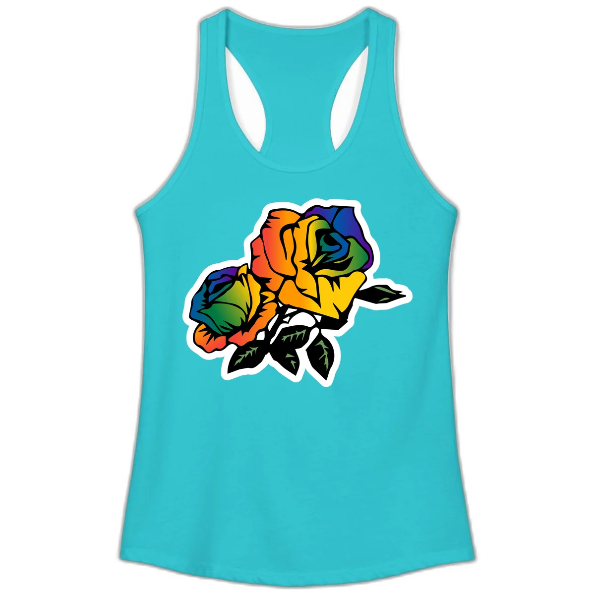Rainbow pride rose illustration with red, orange, yellow, green, blue, and purple petals, black outline, and green leaves on white background in Solid Tahiti Blue