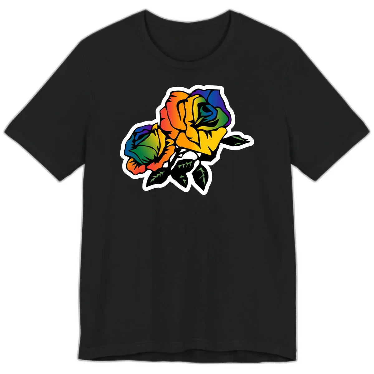 Rainbow pride rose illustration with red, orange, yellow, green, blue, and purple petals, black outline, and green leaves on white background in Black
