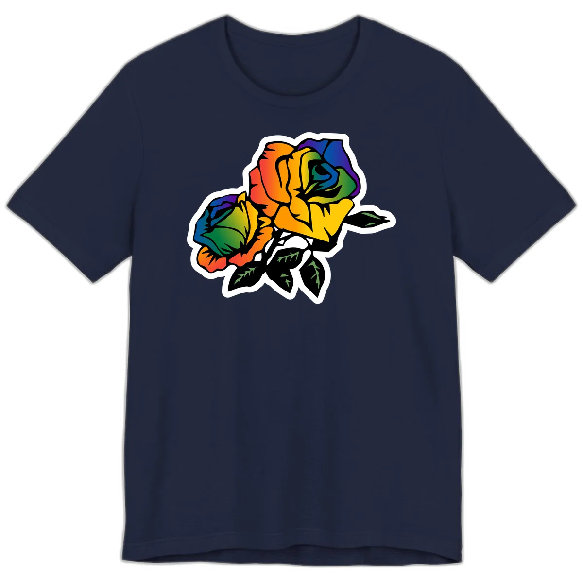 Rainbow pride rose illustration with red, orange, yellow, green, blue, and purple petals, black outline, and green leaves on white background in Navy