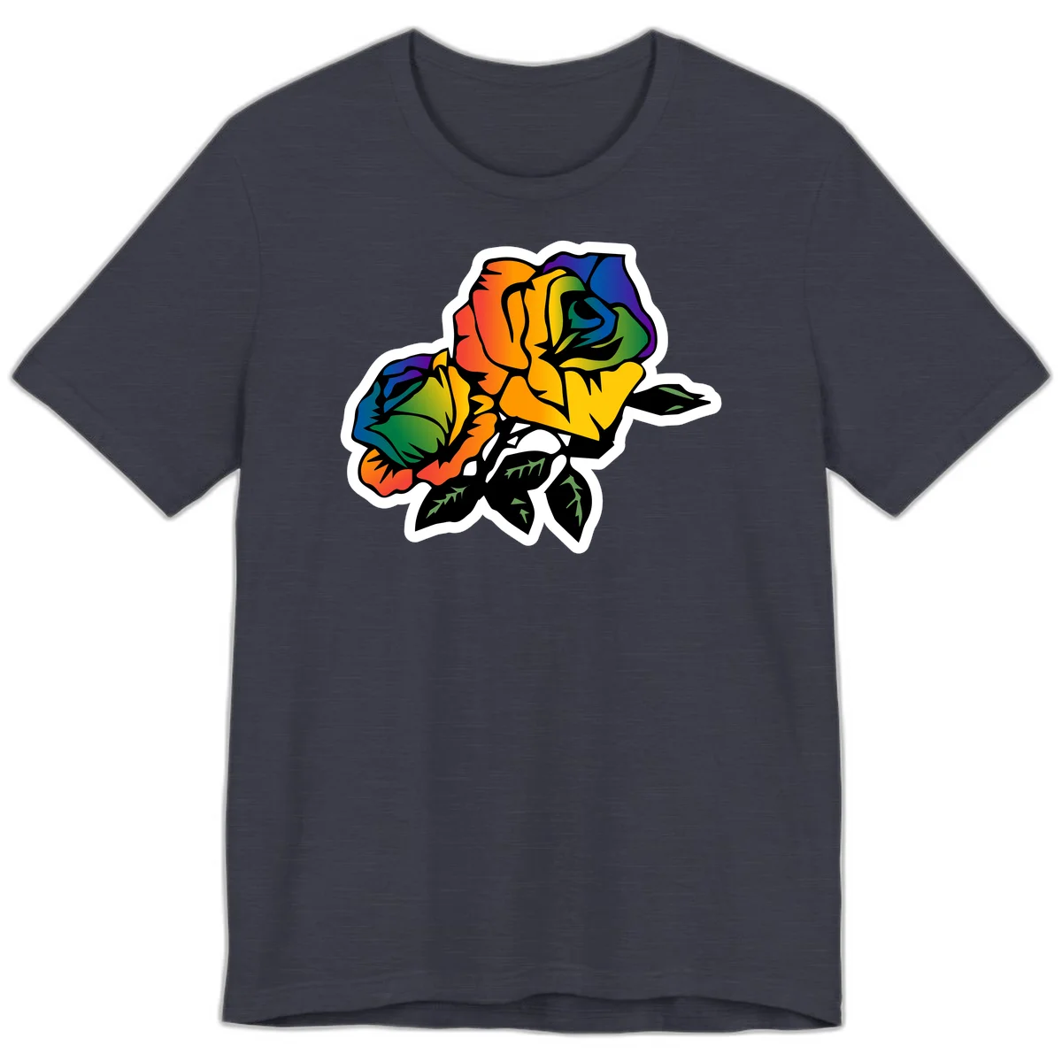Rainbow pride rose illustration with red, orange, yellow, green, blue, and purple petals, black outline, and green leaves on white background in Heather Midnight Navy