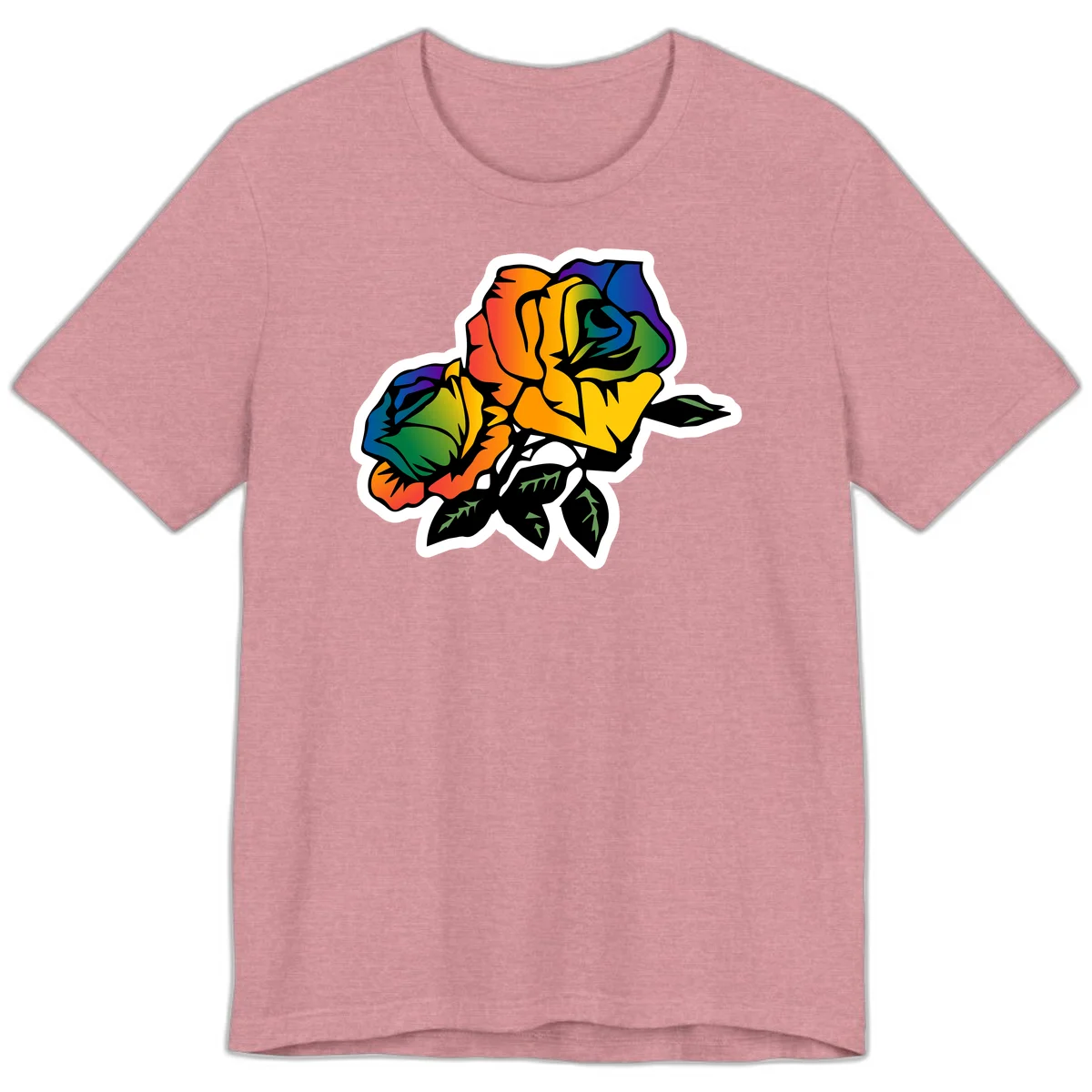 Rainbow pride rose illustration with red, orange, yellow, green, blue, and purple petals, black outline, and green leaves on white background in Heather Orchid