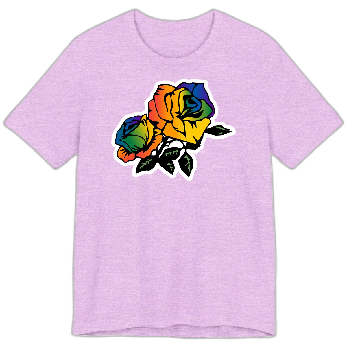 Rainbow pride rose illustration with red, orange, yellow, green, blue, and purple petals, black outline, and green leaves on white background in Heather Prism Lilac