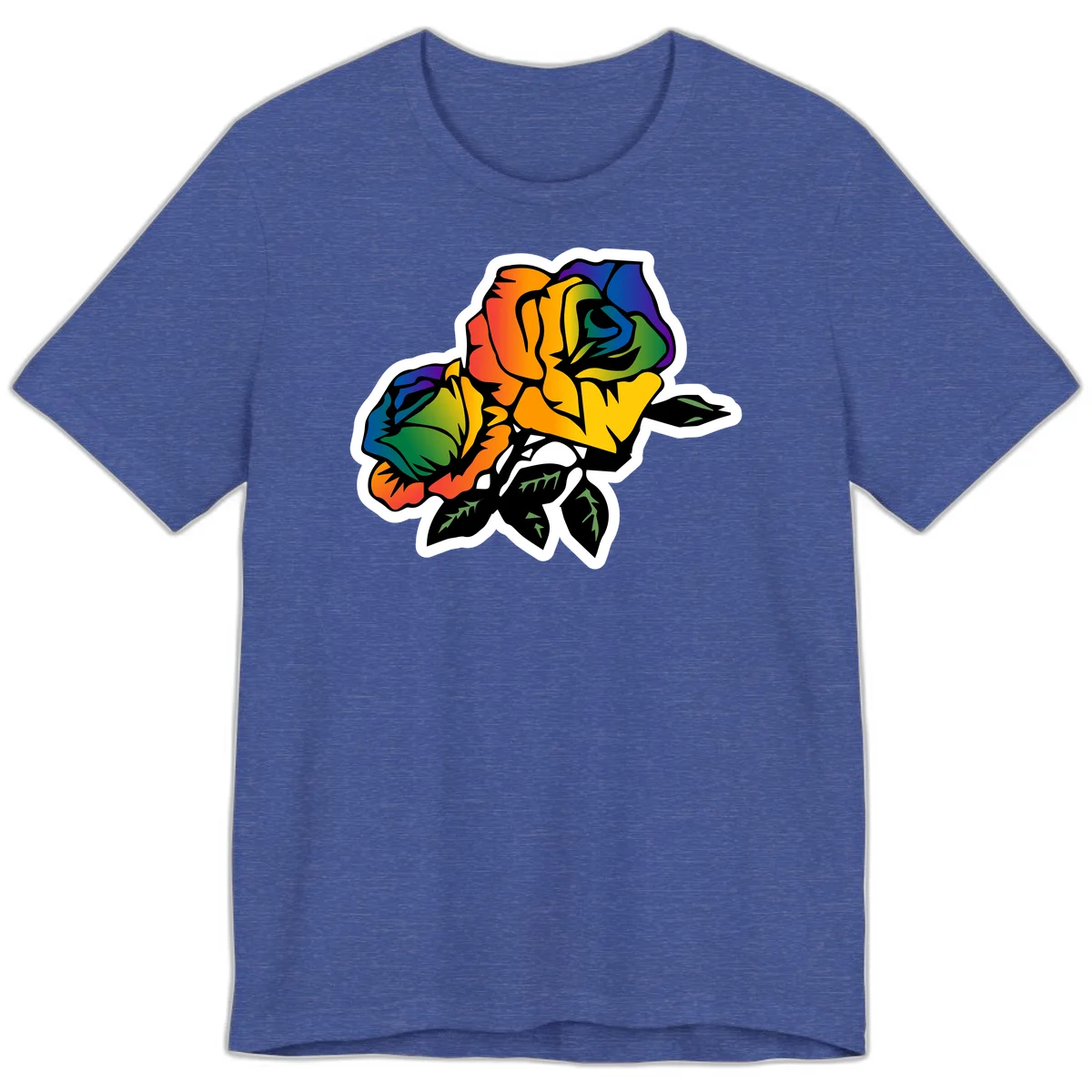 Rainbow pride rose illustration with red, orange, yellow, green, blue, and purple petals, black outline, and green leaves on white background in Heather True Royal