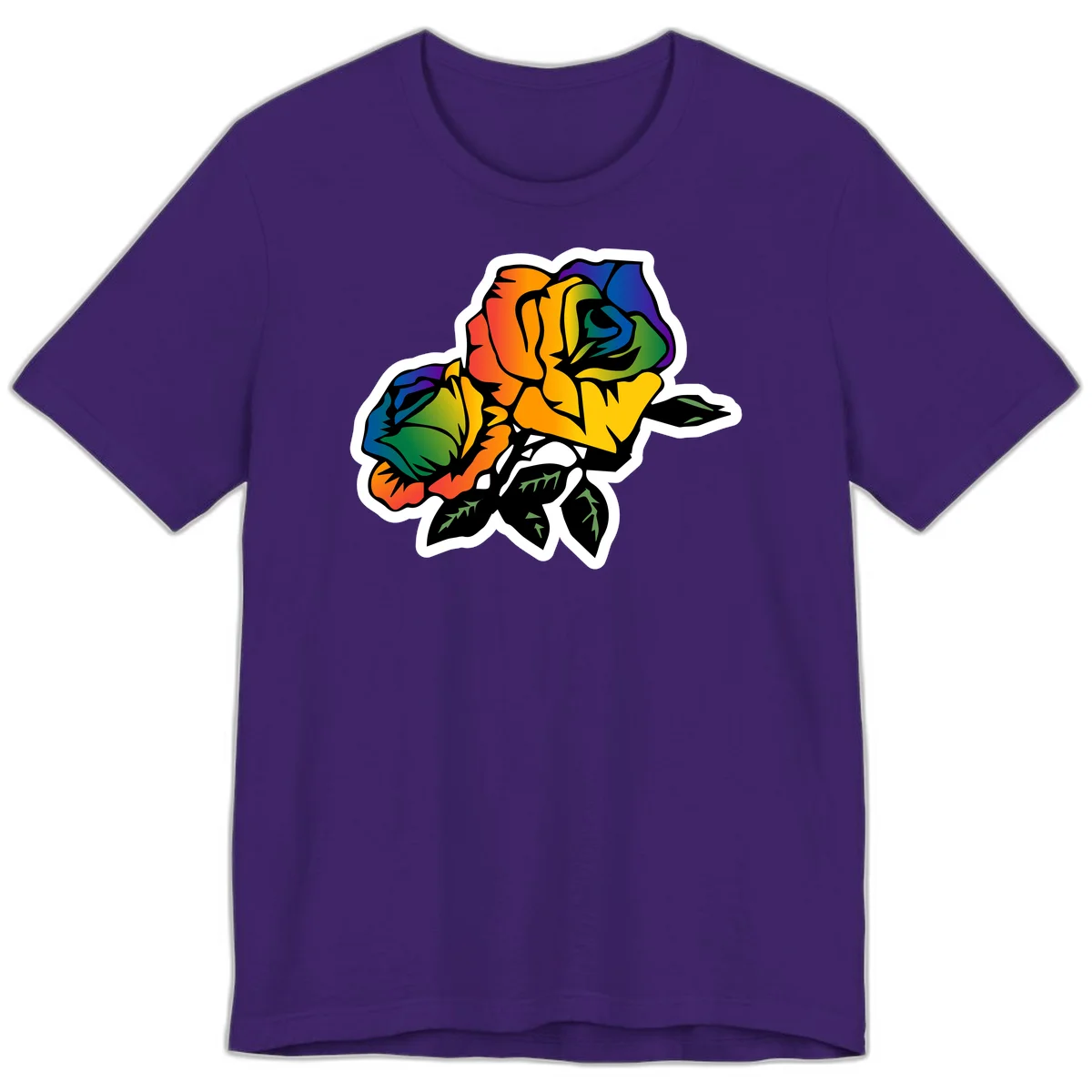 Rainbow pride rose illustration with red, orange, yellow, green, blue, and purple petals, black outline, and green leaves on white background in Team Purple